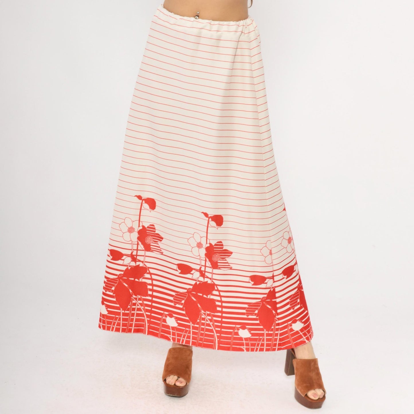 70s Floral Striped Maxi Skirt Red White Cream Elastic Waist A-Line Medium