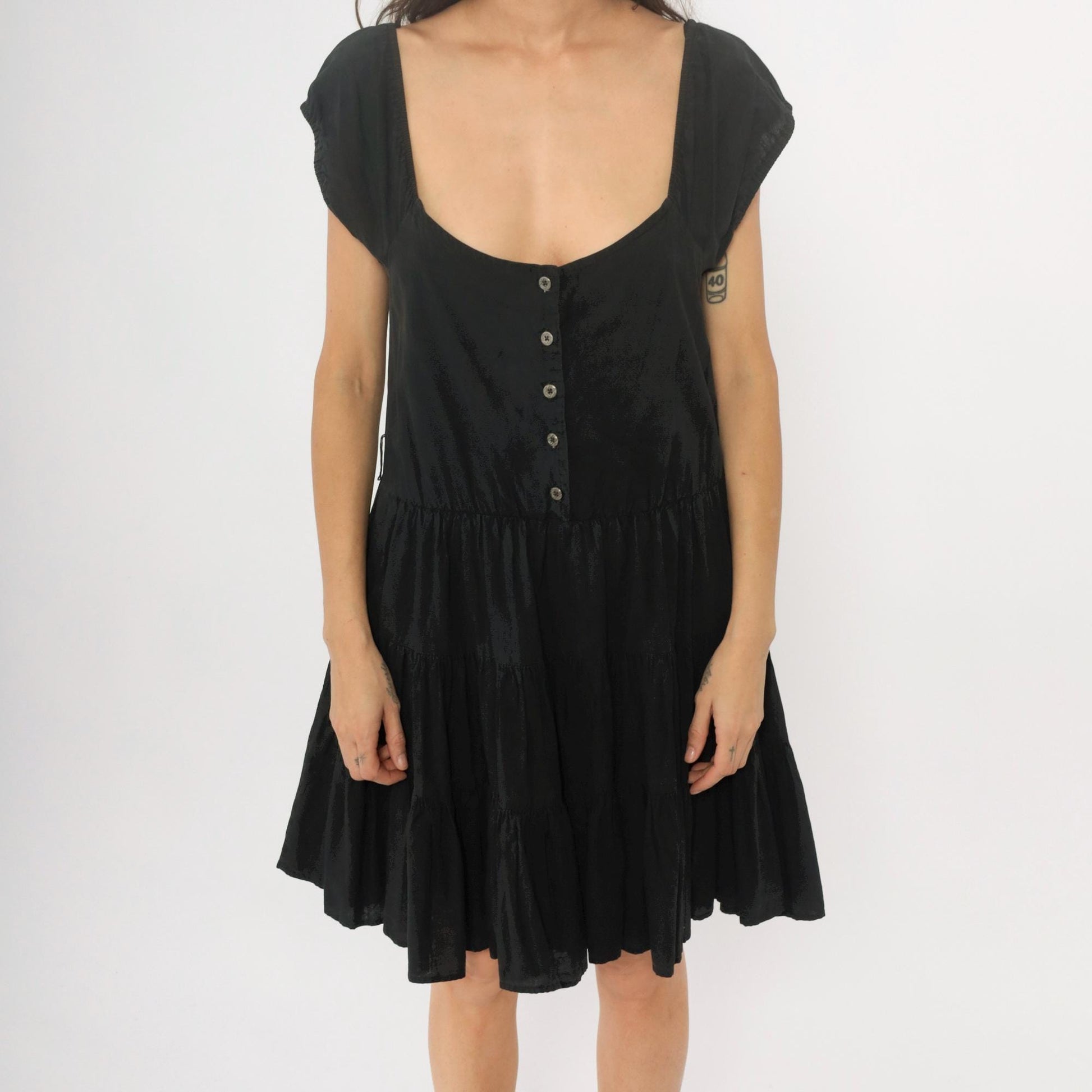 90s Black Cotton Prairie Mini Dress Tiered Skirt Cap Sleeve Medium