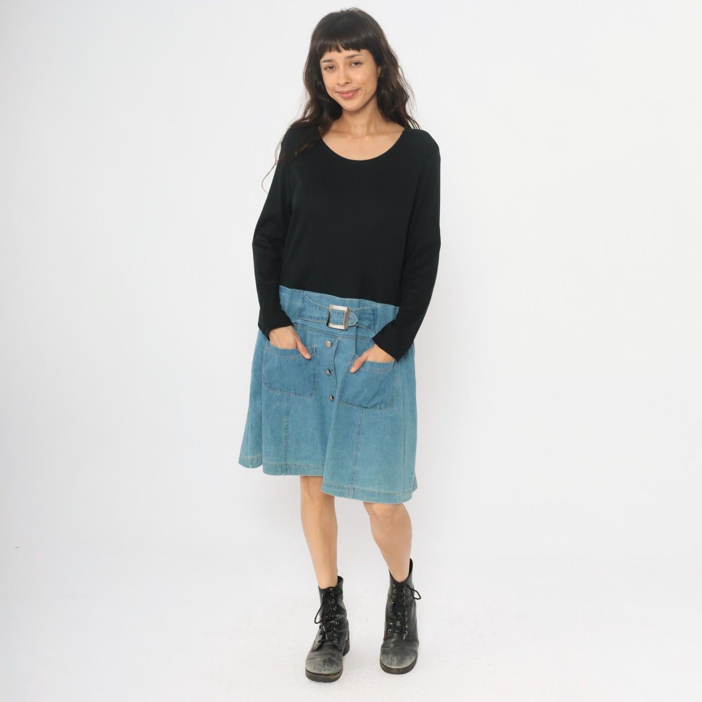 90s Diana Marco Denim Dress Black Chambray Two Tone Belted Extra Large XL