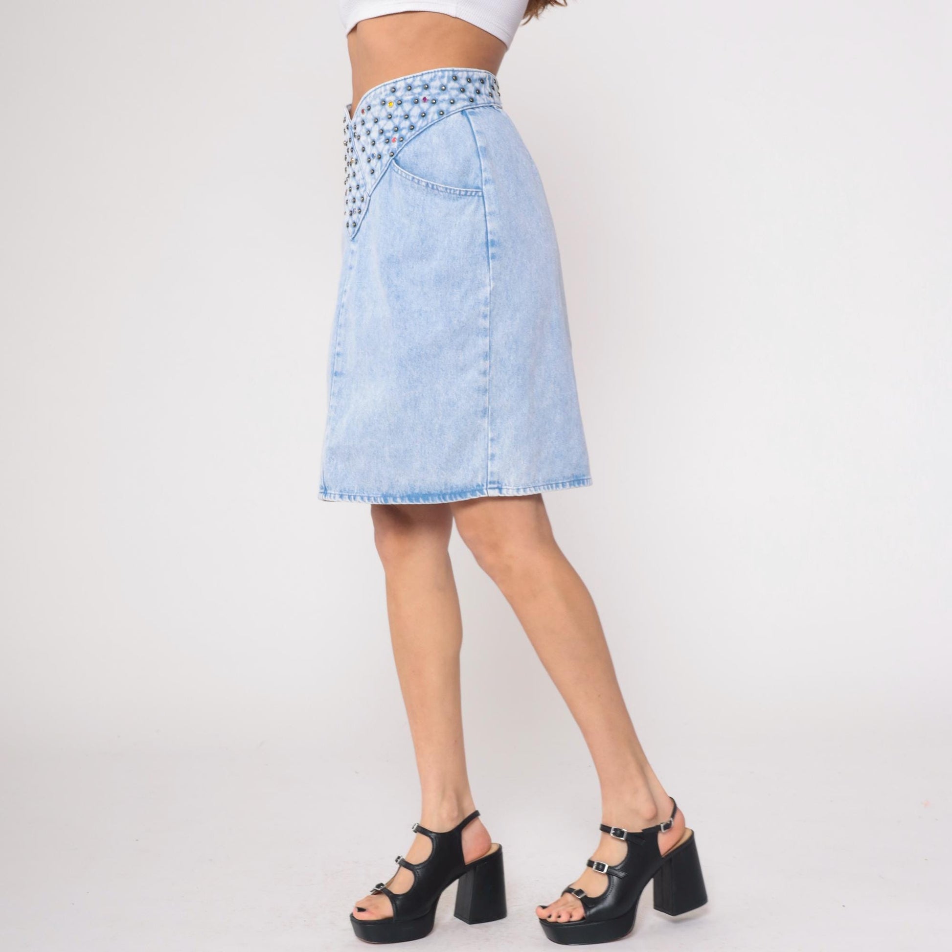90s Opal Light Blue Studded Denim Mini Skirt Rhinestone High Waist Medium