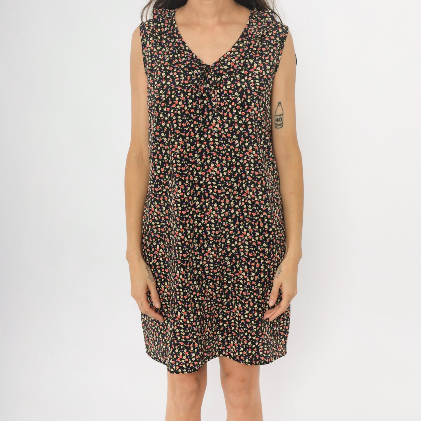 90s Black Ditsy Floral Calico Shift Dress Knee Length Medium M