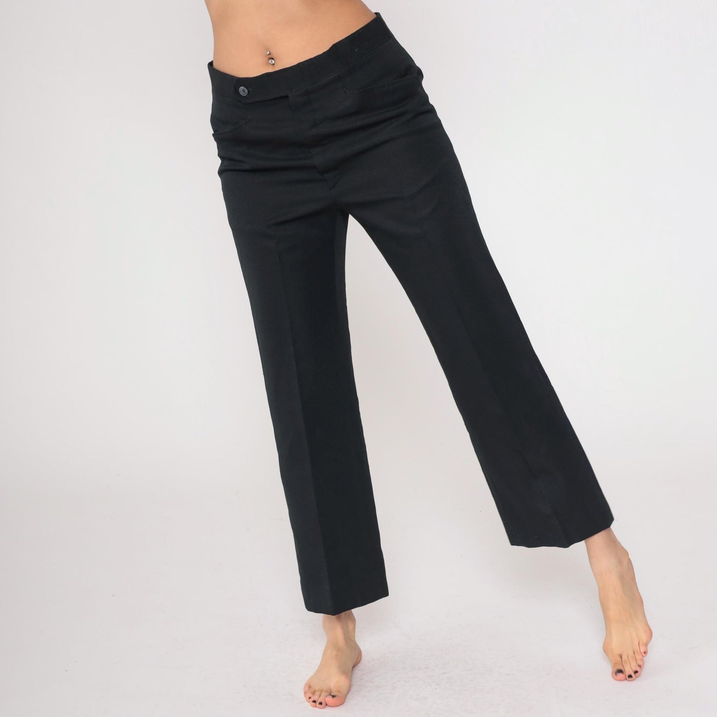 70s Black Expand-O-Matic High Waist Straight Leg Trousers Cropped Medium