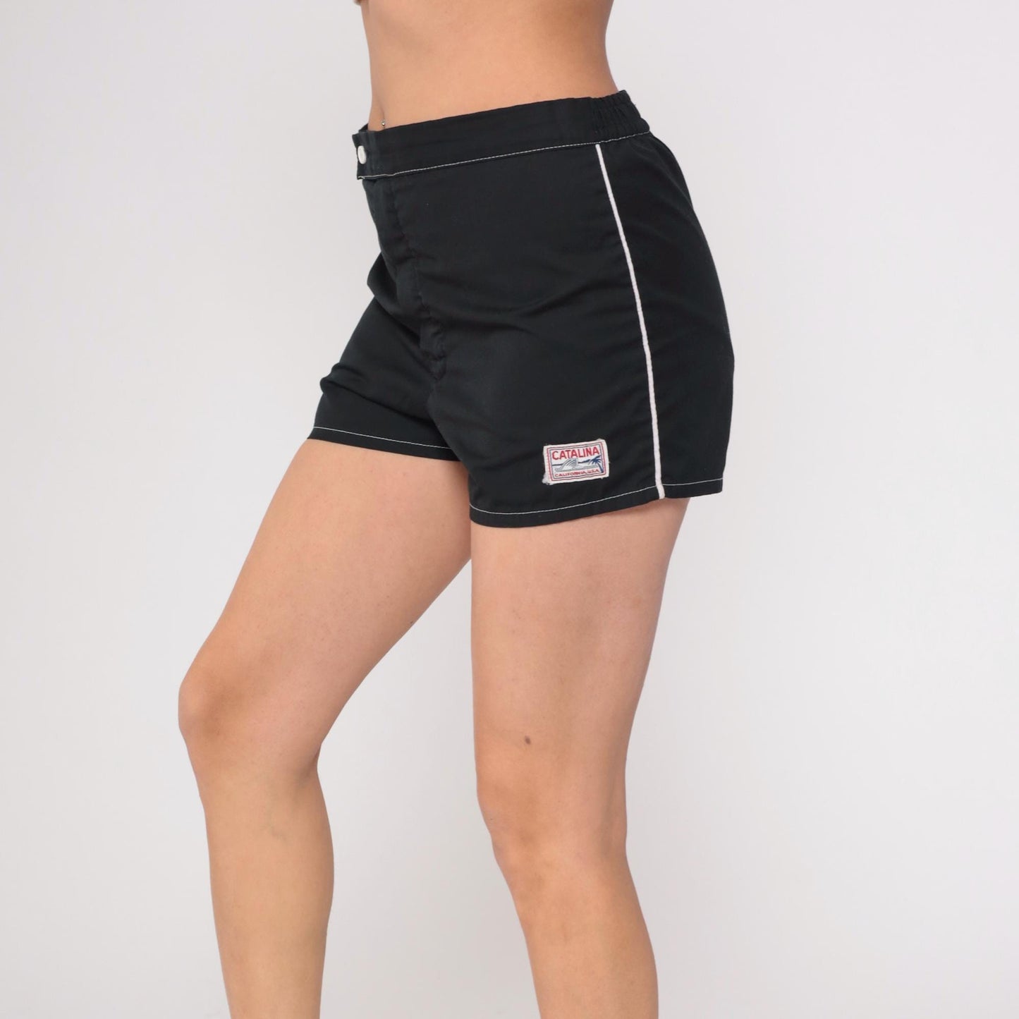 70s Catalina Black Swim Shorts White Contrast Stitching Elastic Waist Large