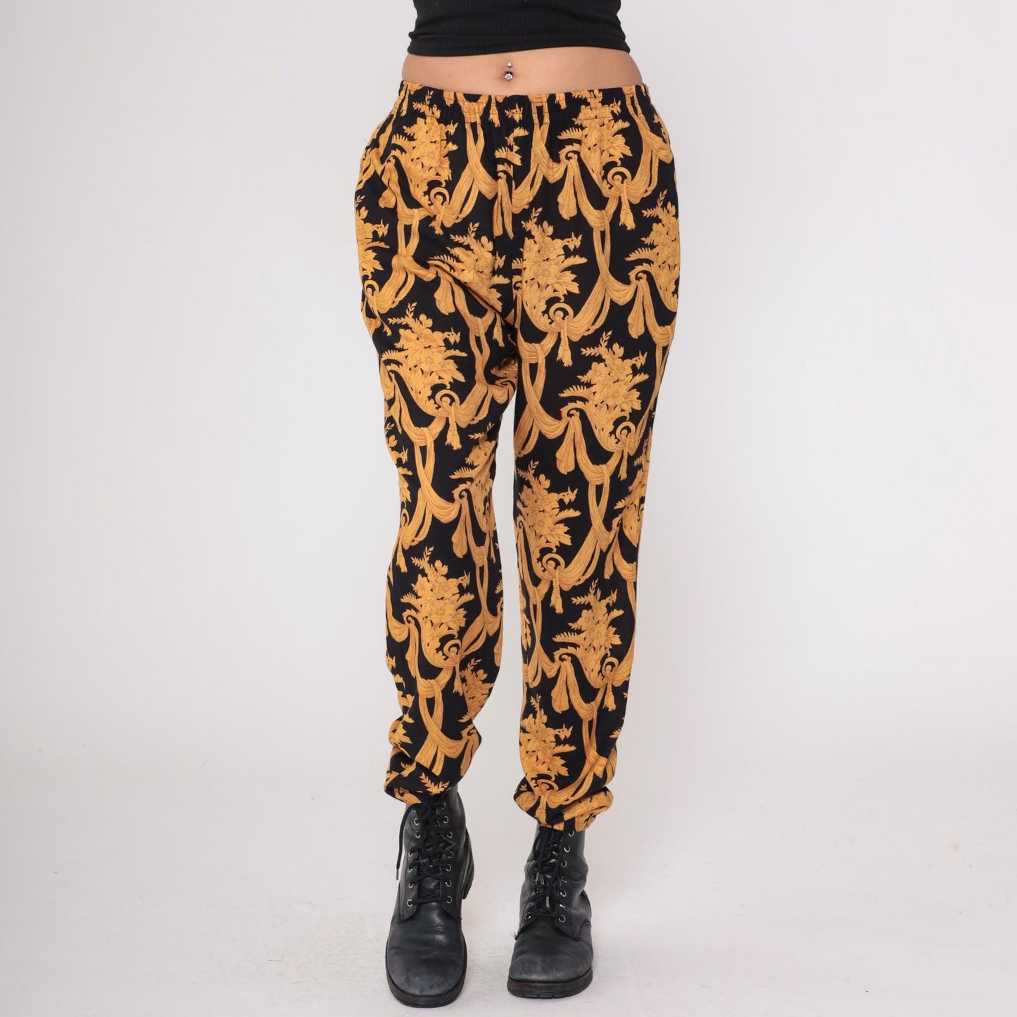 90s Judy Knapp Black Gold Baroque Damask Pants Elastic Waist Medium M