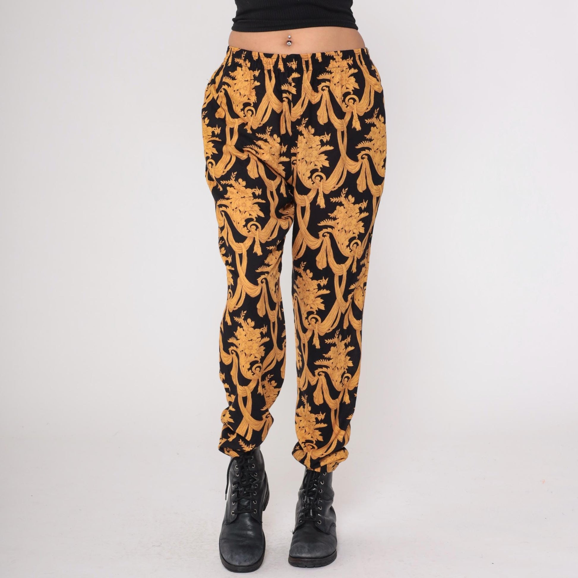 90s Judy Knapp Black Gold Baroque Damask Pants Elastic Waist Medium M