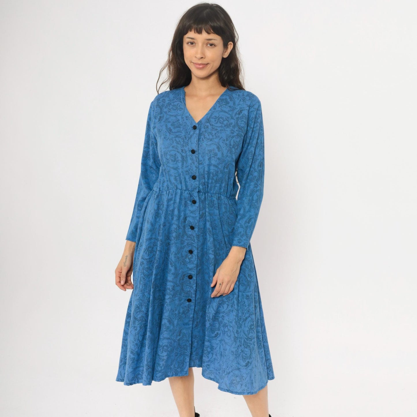 80s Blue Paisley Button-Front Dress V-Neck Long Sleeve Gathered Waist Medium M