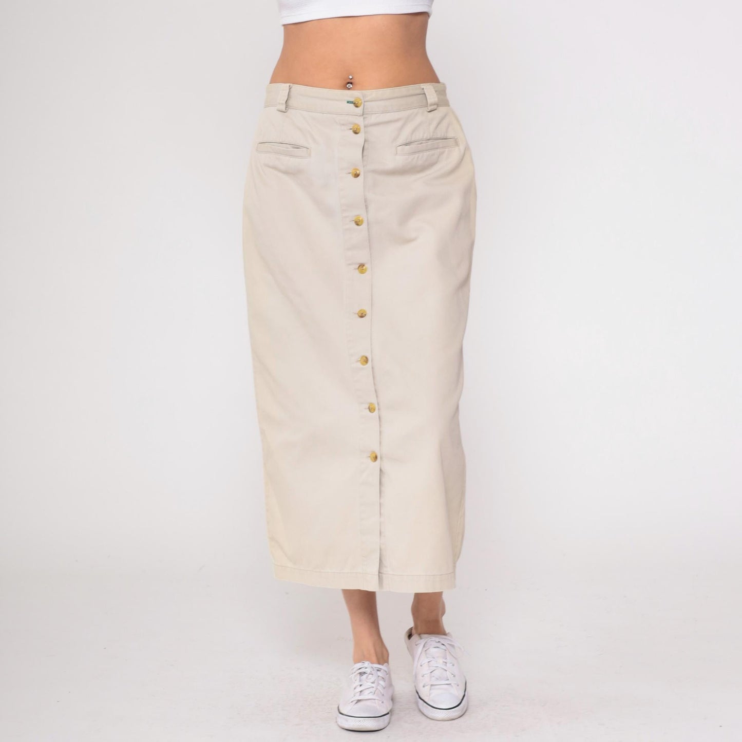 90s Tommy Hilfiger Khaki Skirt Cotton High Waist Button Front Large