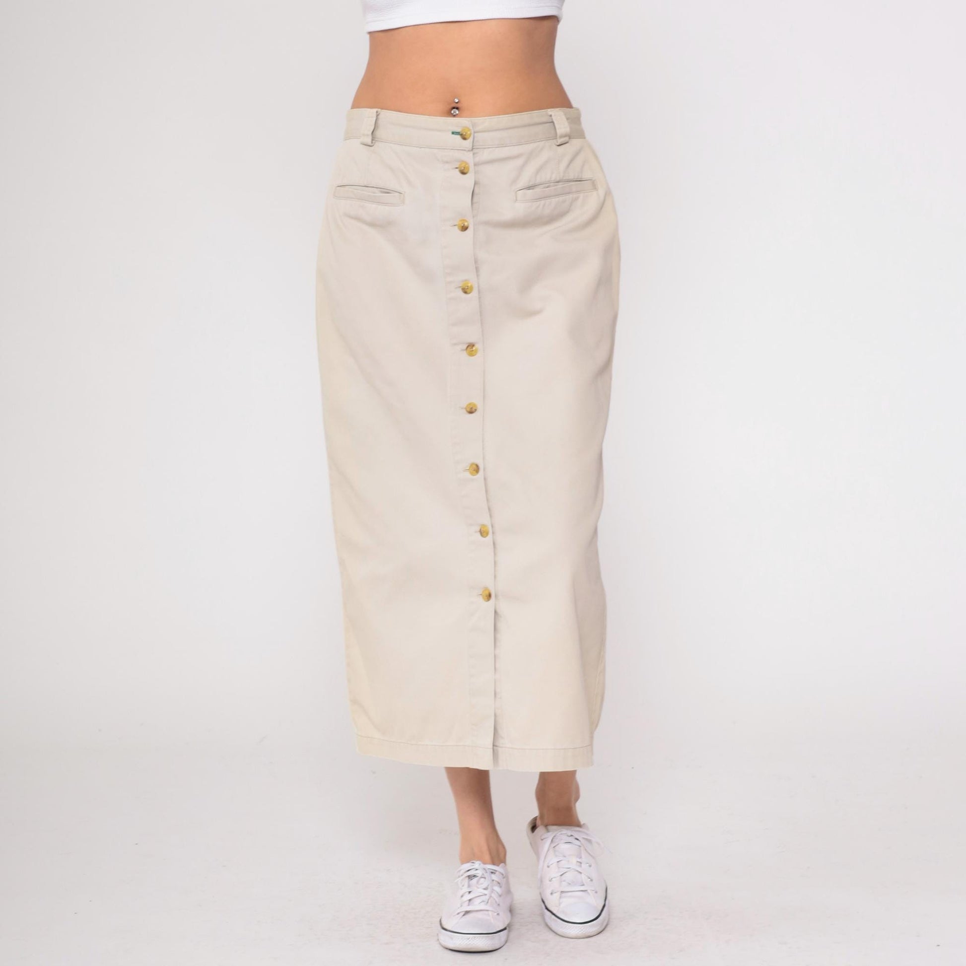 90s Tommy Hilfiger Khaki Skirt Cotton High Waist Button Front Large