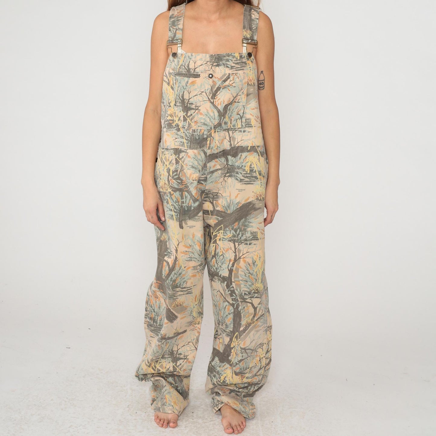 90s Everywear West Nature Print Overalls Wide Leg Beige XL