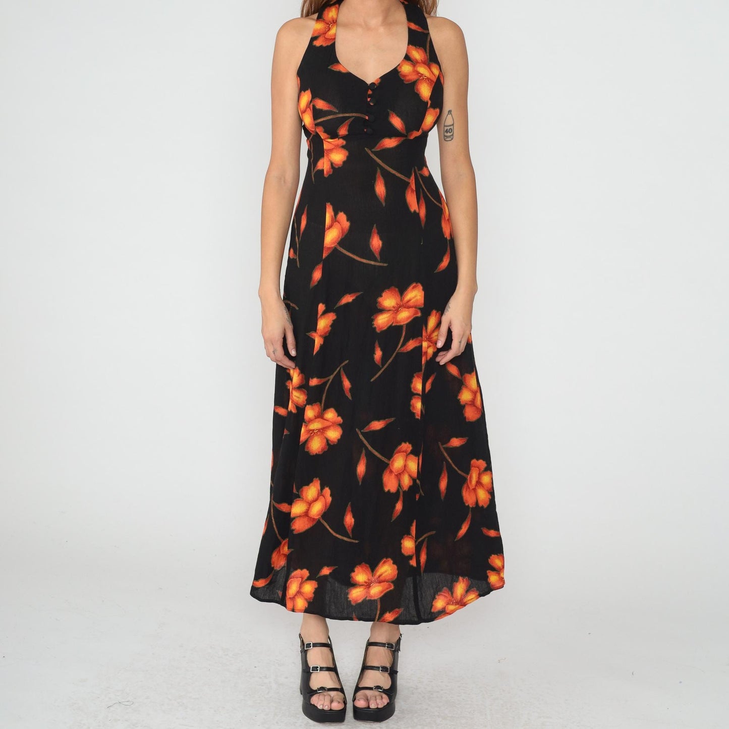 90s Black Floral Maxi Dress Halter Bustier Cross Back Medium