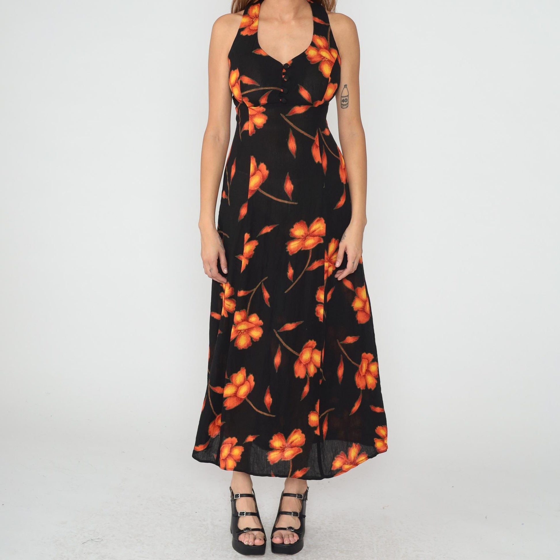 90s Black Floral Maxi Dress Halter Bustier Cross Back Medium