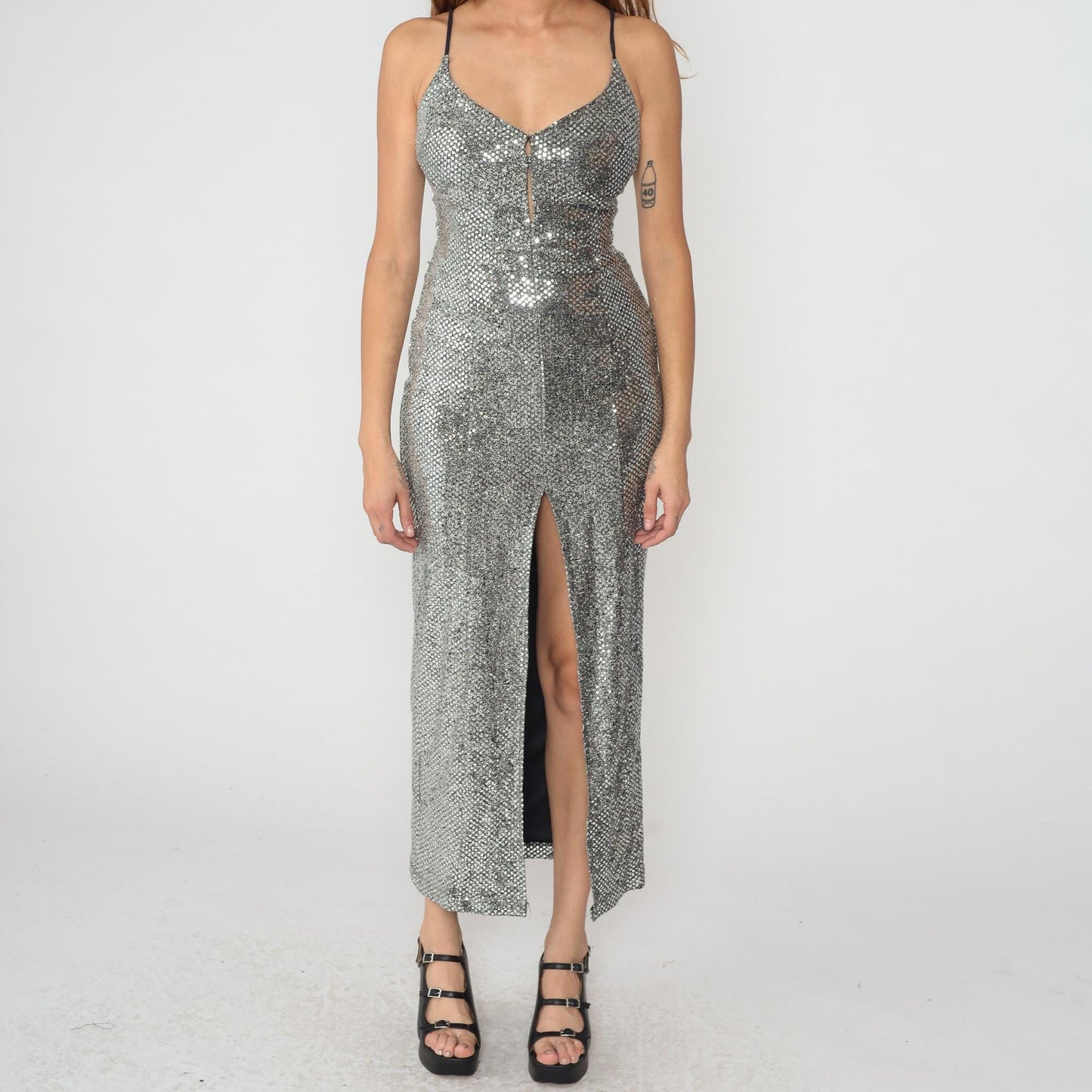 90s Michi Silver Sequin Maxi Dress Spaghetti Strap V Neck Slit Small S