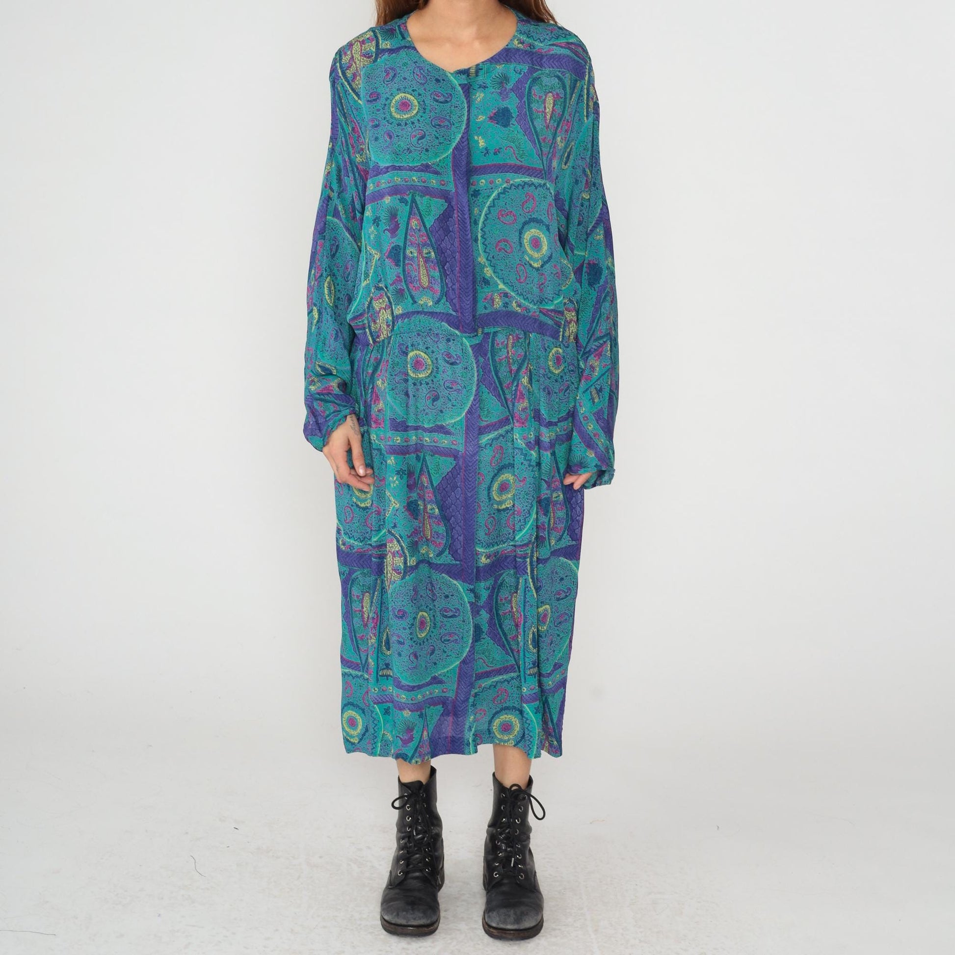 80s Paisley Maxi Dress Turquoise Purple Geometric Print Long Sleeve Extra Large