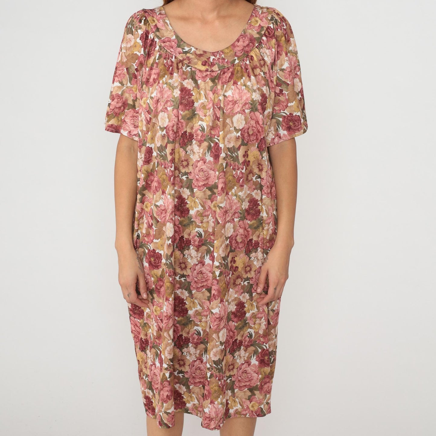 80s Floral Muumuu Dress Pink Burgundy Flutter Sleeve Scoop Neck Large