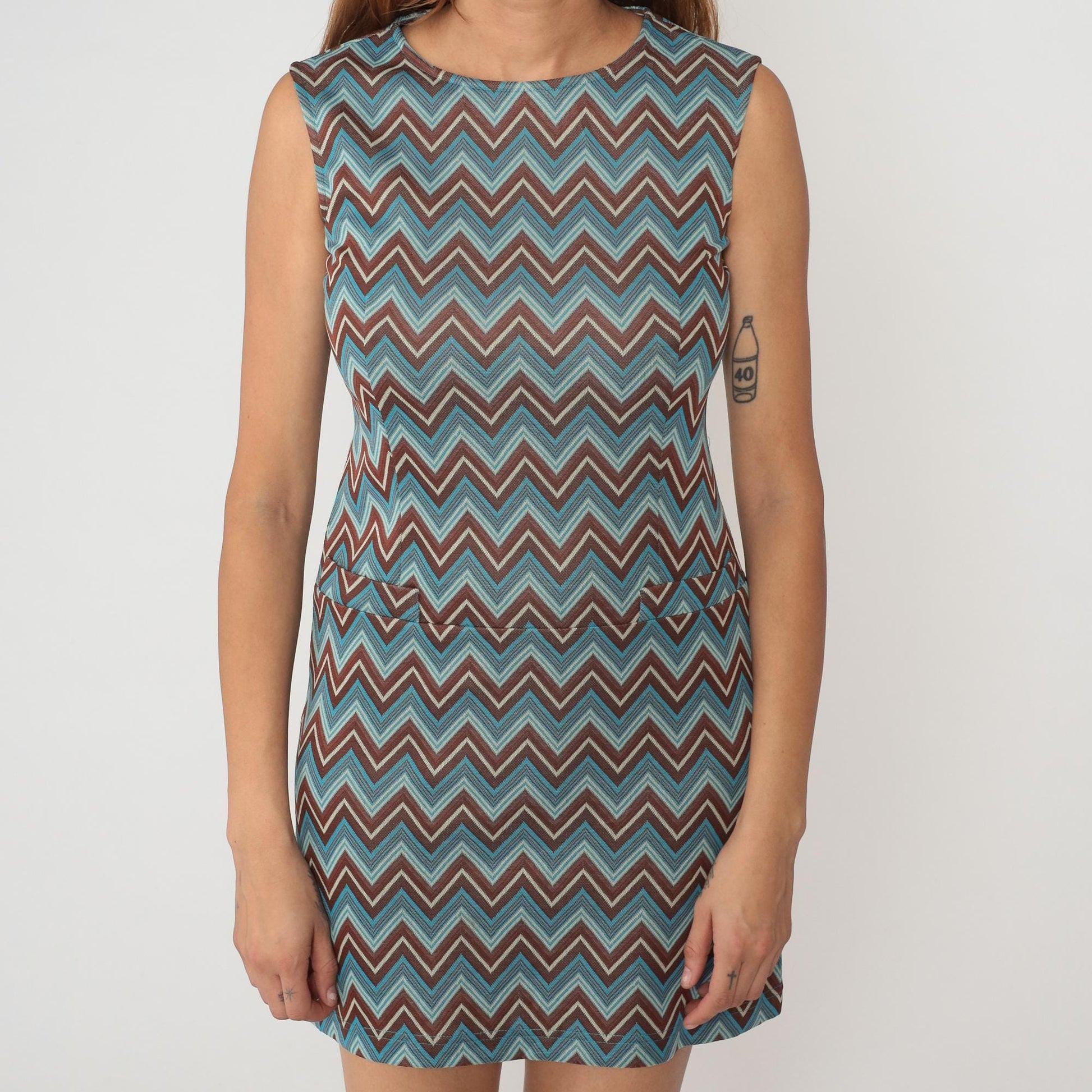 Y2K Chevron Mini Dress Turquoise Brown Cream Shift Sleeveless Small