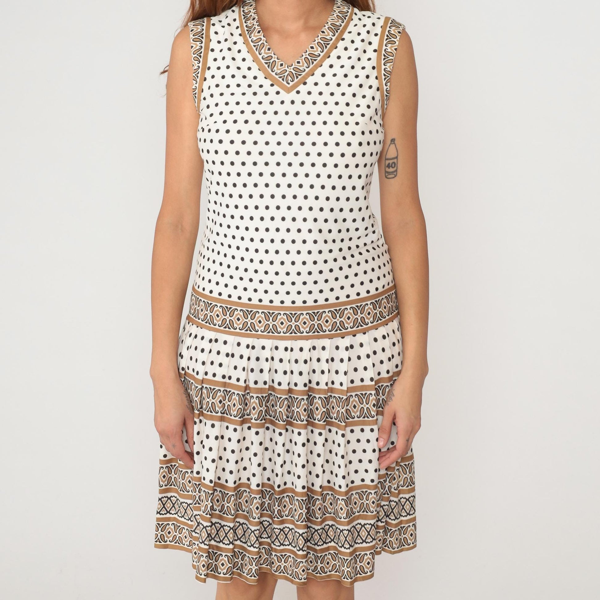 60s Sacony Ciella Drop Waist Shift Dress Cream Brown Polka Dot Small