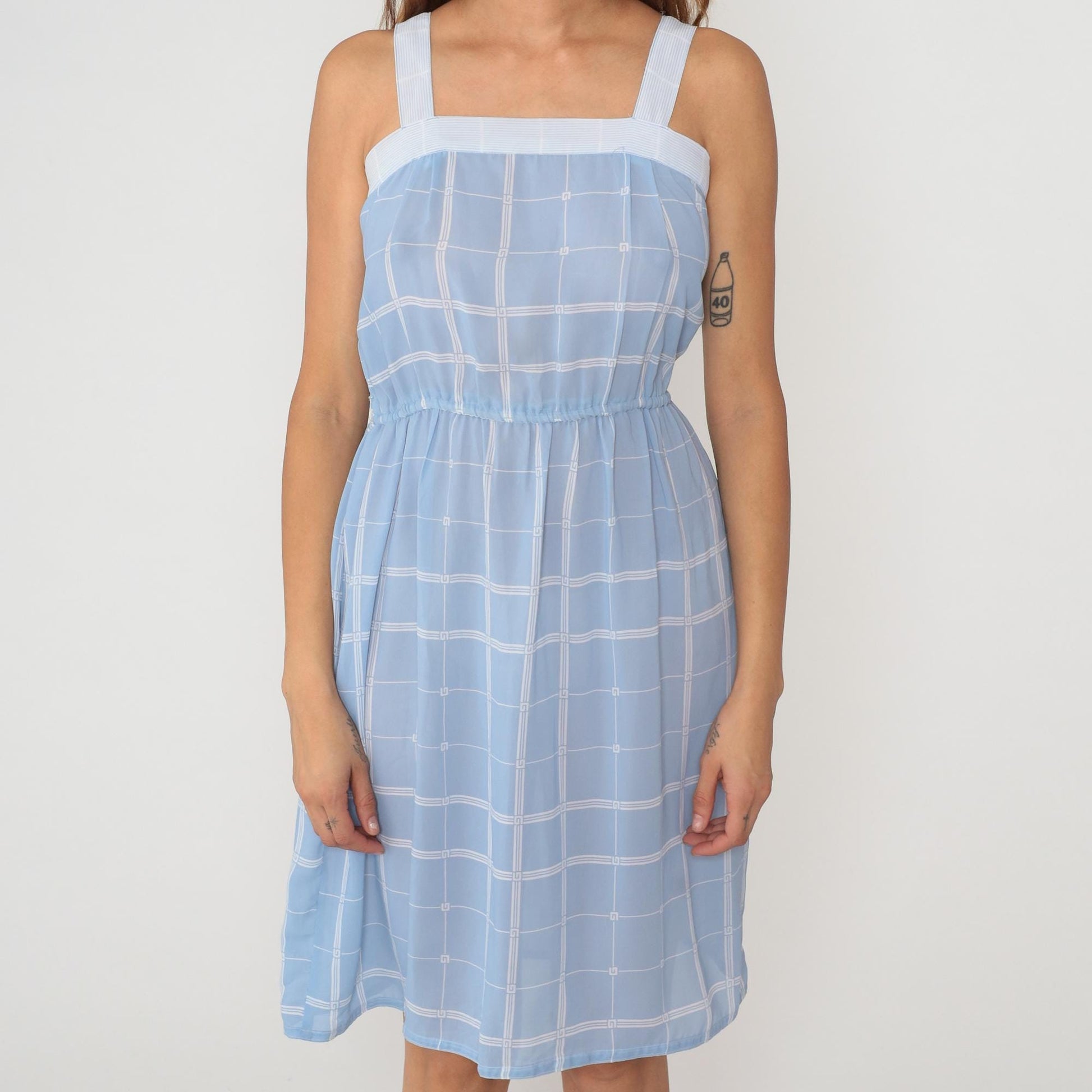 80s Light Blue Windowpane Check Sundress Square Neck Spaghetti Straps Small