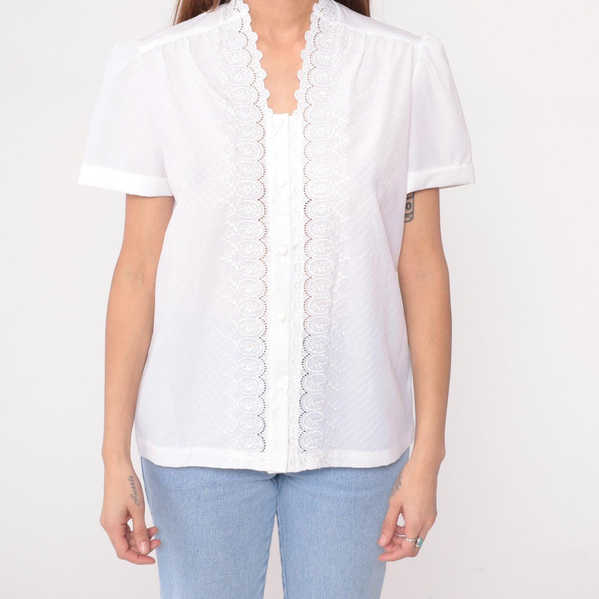 80s White Lace Blouse Scalloped Eyelet Puff Sleeve Textured Diamond Large