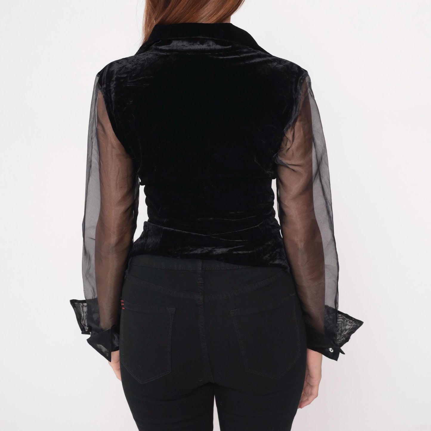 90s Black Crushed Velvet Blouse Sheer Organza Sleeves Tie Waist Medium