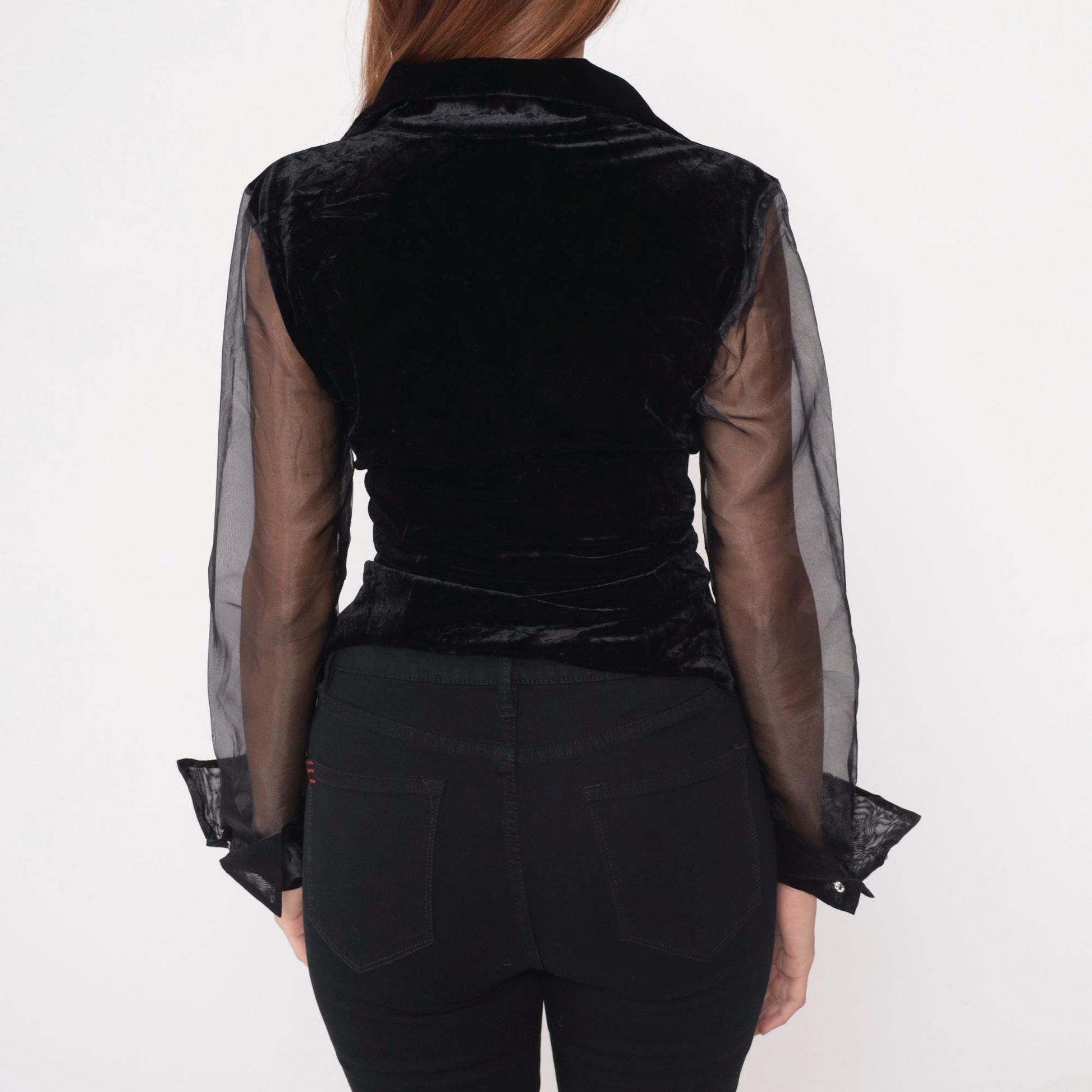 90s Black Crushed Velvet Blouse Sheer Organza Sleeves Tie Waist Medium