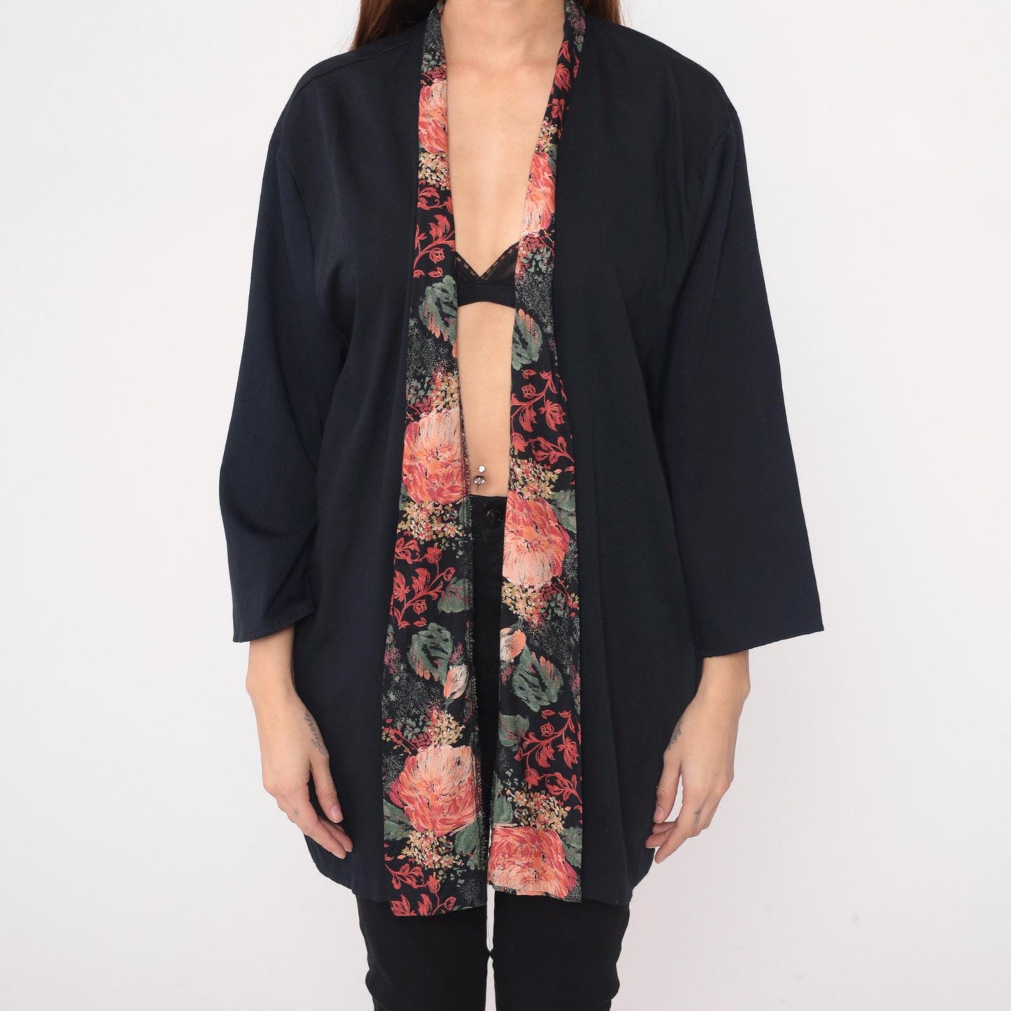 90s Black Kimono Cardigan Floral Rose Garden Trim Open Front Rayon Large