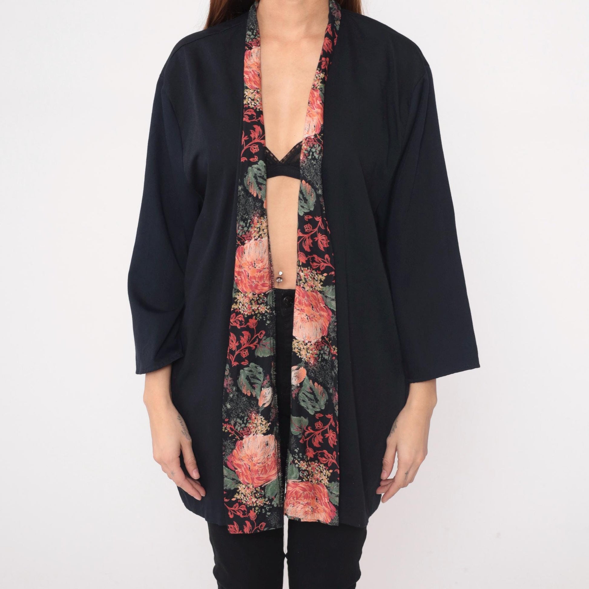 90s Black Kimono Cardigan Floral Rose Garden Trim Open Front Rayon Large