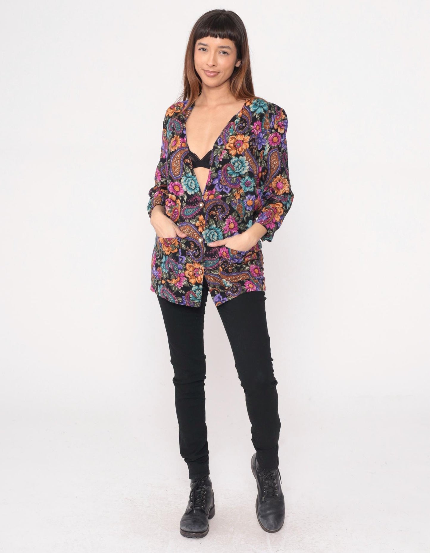 90s Rampage Paisley Floral Tunic Blouse Deep V Neck Rayon Black Purple Medium