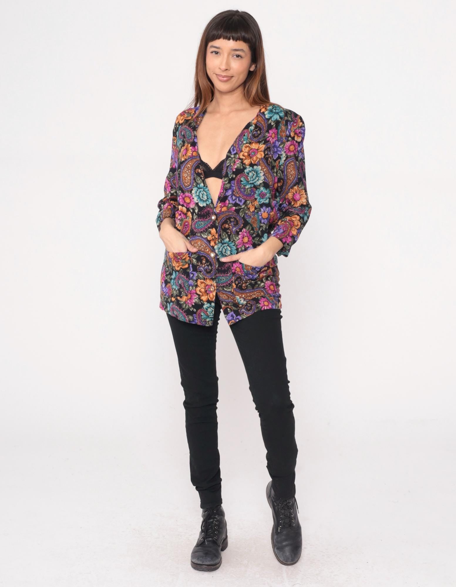90s Rampage Paisley Floral Tunic Blouse Deep V Neck Rayon Black Purple Medium