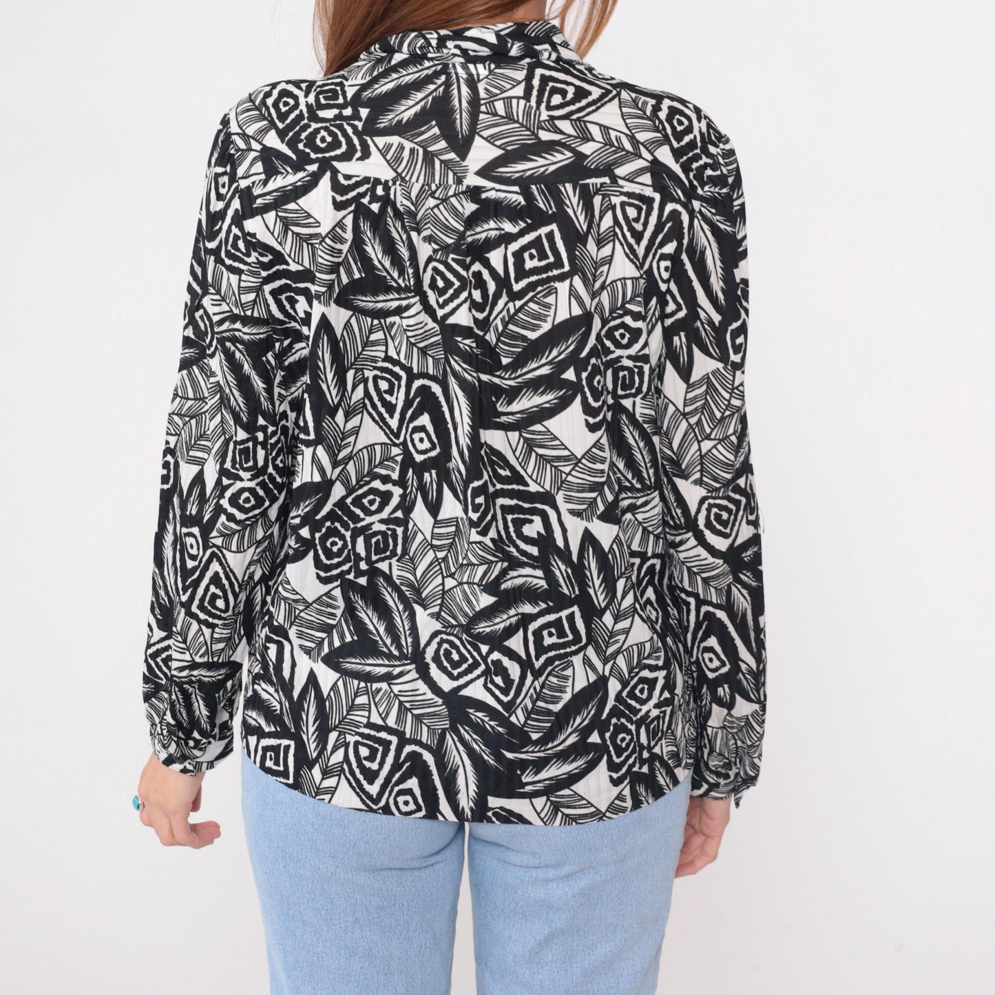 90s Black White Abstract Geometric Blouse Long Sleeve Button Front Large L