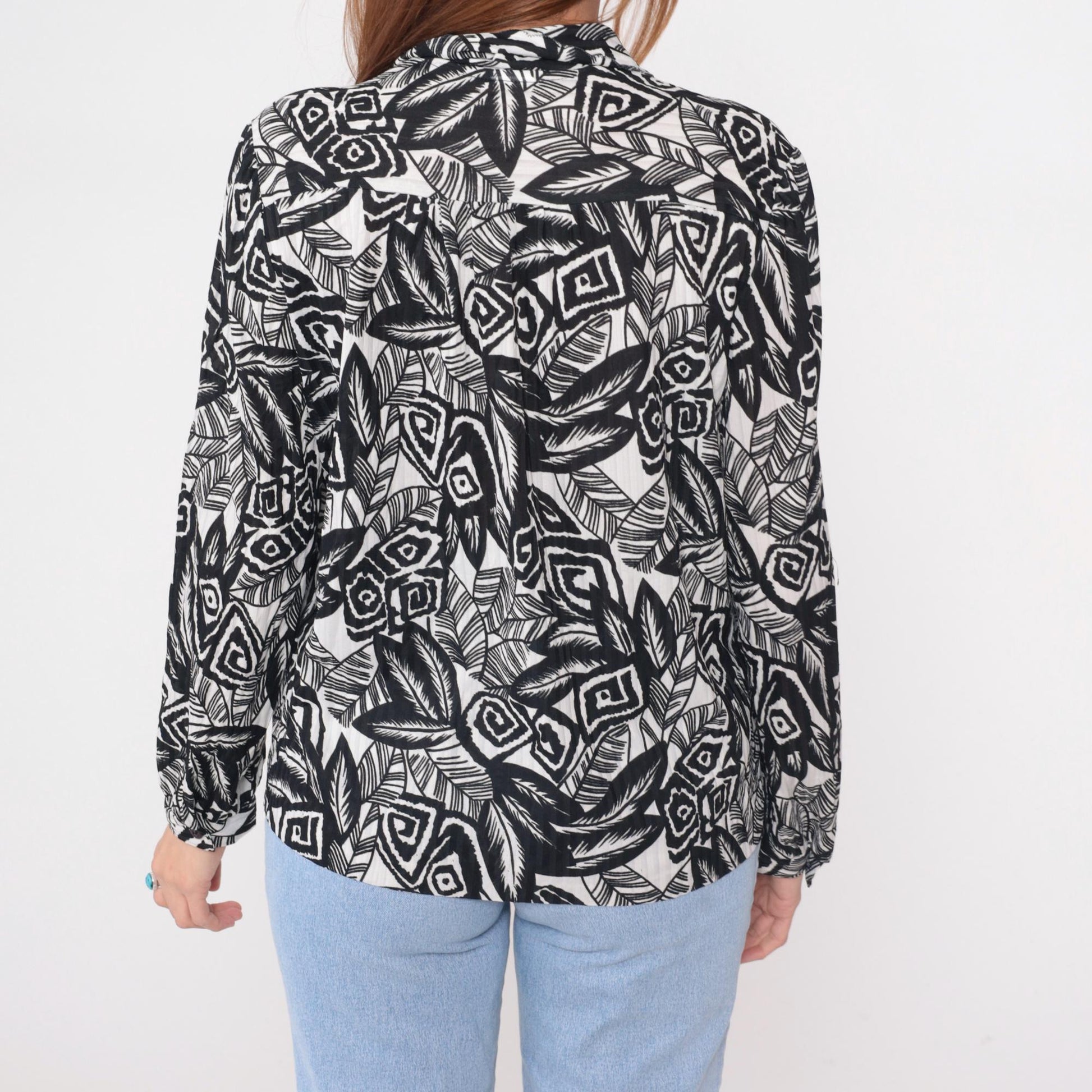 90s Black White Abstract Geometric Blouse Long Sleeve Button Front Large L