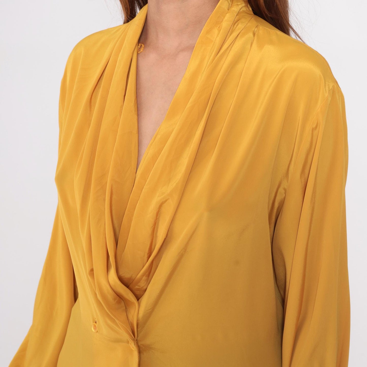 90s Impressions Golden Yellow Wrap Blouse Surplice Neckline Long Sleeve Large L