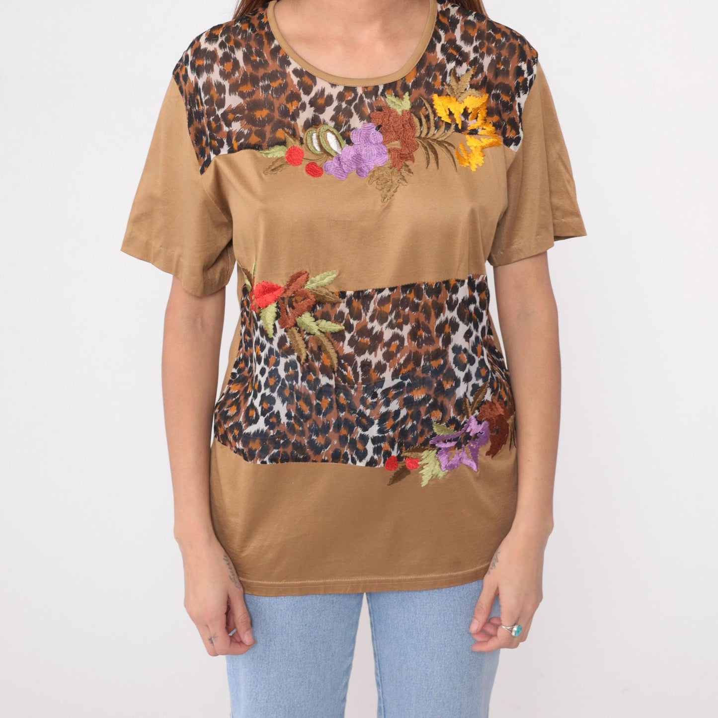 90s Morrissa Leopard Floral Embroidered Color Block Top Tan Large L