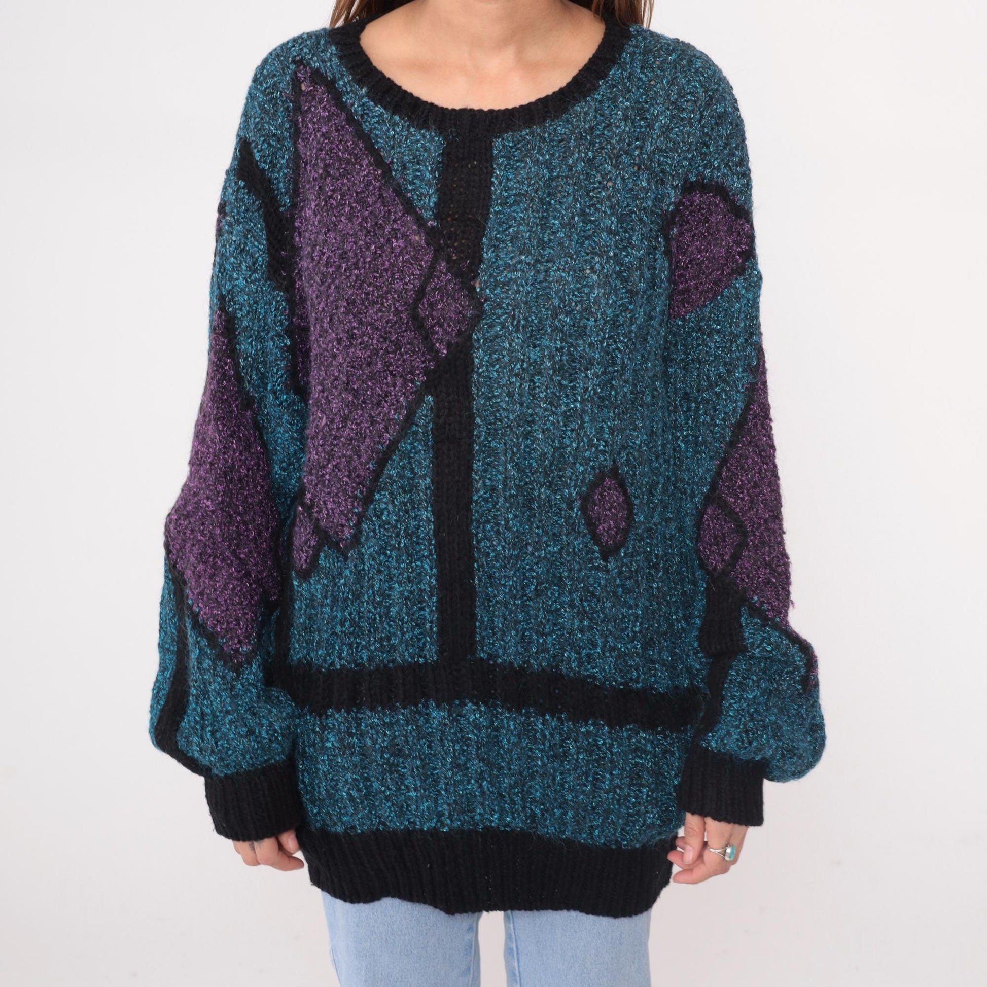 90s Geometric Knit Sweater Teal Purple Black Angular Pattern Crewneck Medium M