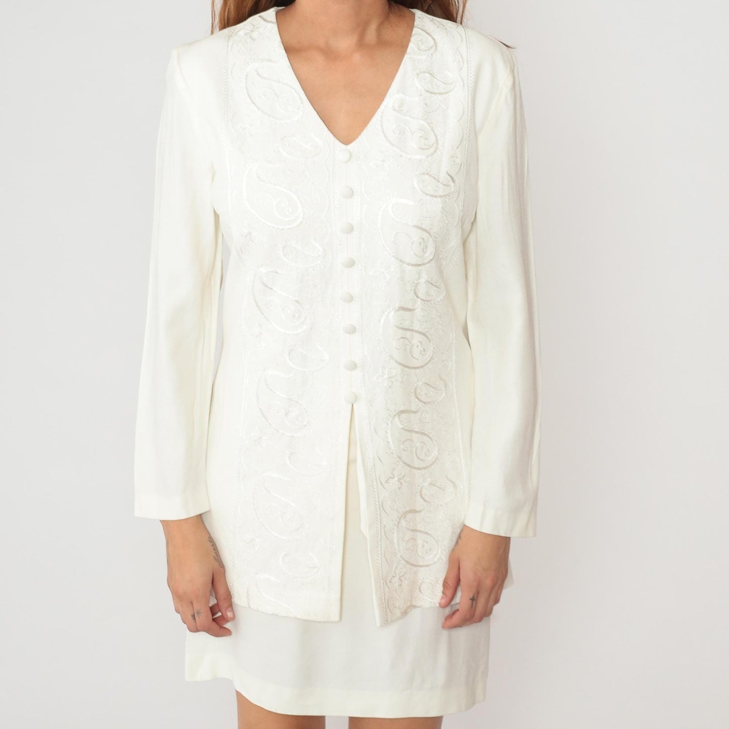 90s Dani Max Embroidered White Tunic Dress V-Neck Button Front Medium