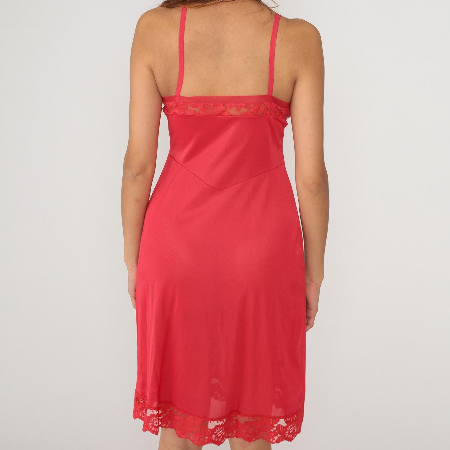 80s Warners Red Lace Slip Dress Knee Length Nylon Spaghetti Strap Medium