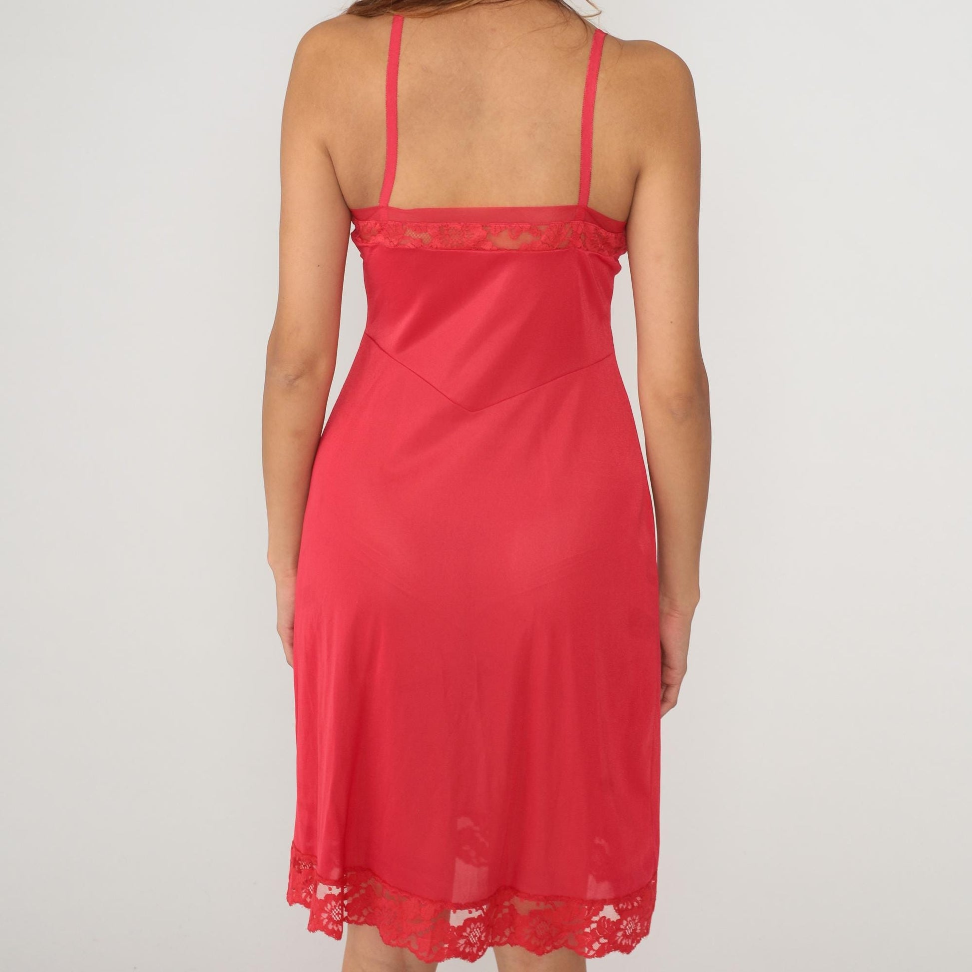 80s Warners Red Lace Slip Dress Knee Length Nylon Spaghetti Strap Medium