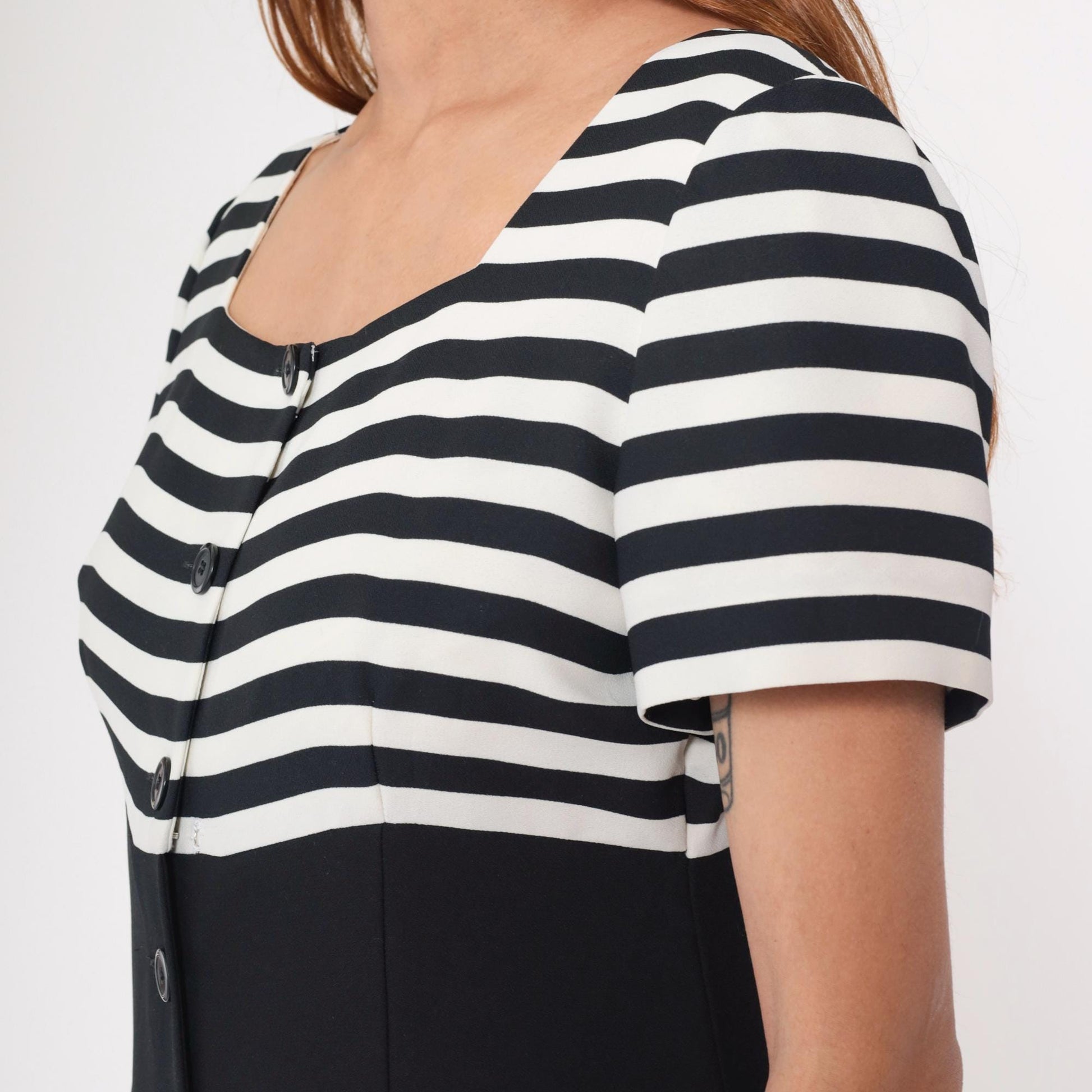 90s Liz Claiborne Striped Midi Dress Black White Button Front Medium
