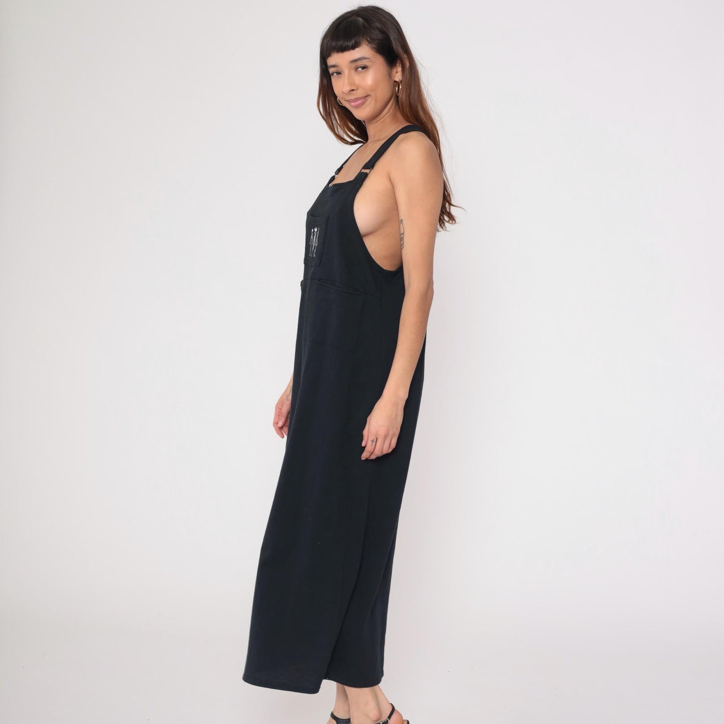 90s California Concepts Black Maxi Dress Stick Figure Embroidery Square Neck Medium Large