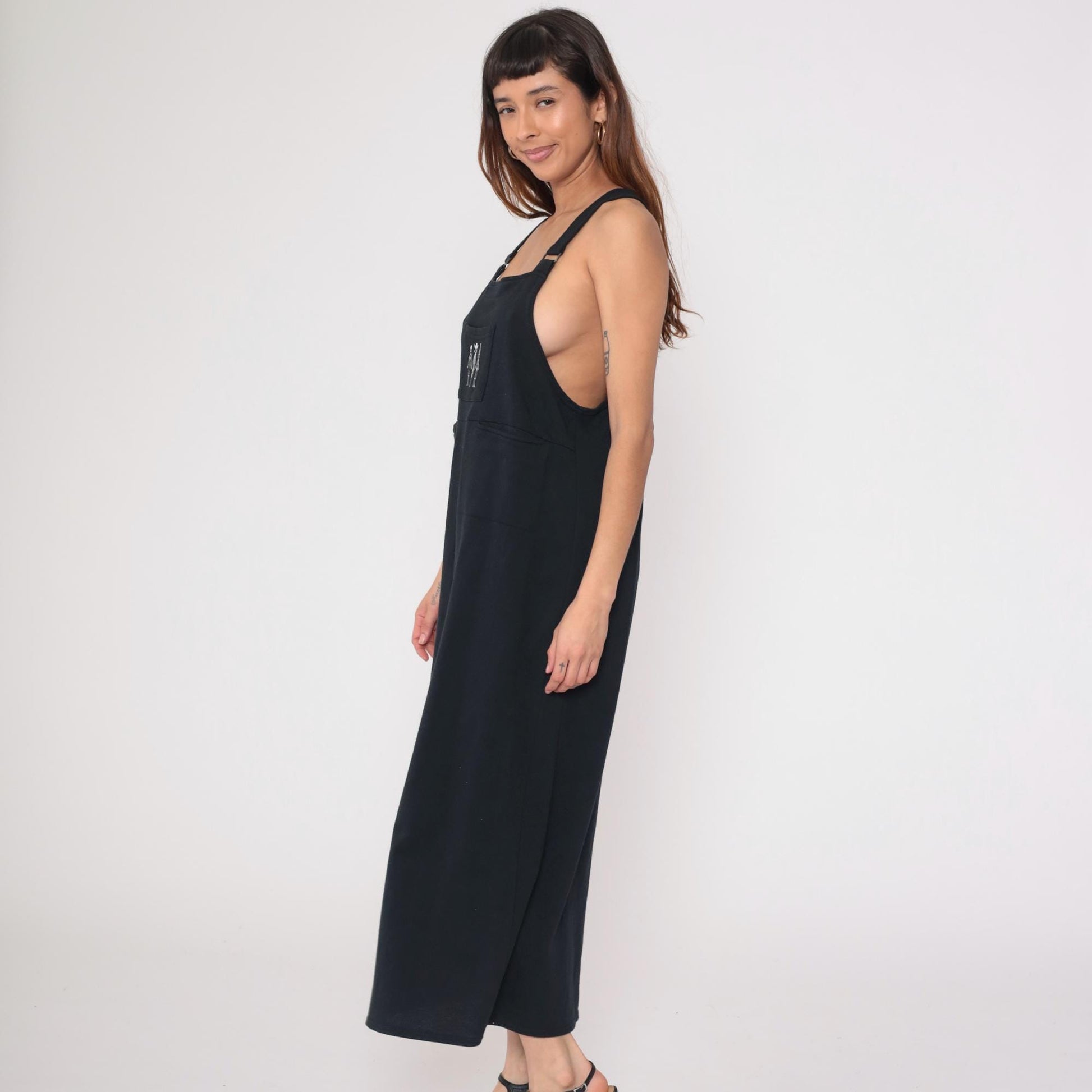90s California Concepts Black Maxi Dress Stick Figure Embroidery Square Neck Medium Large