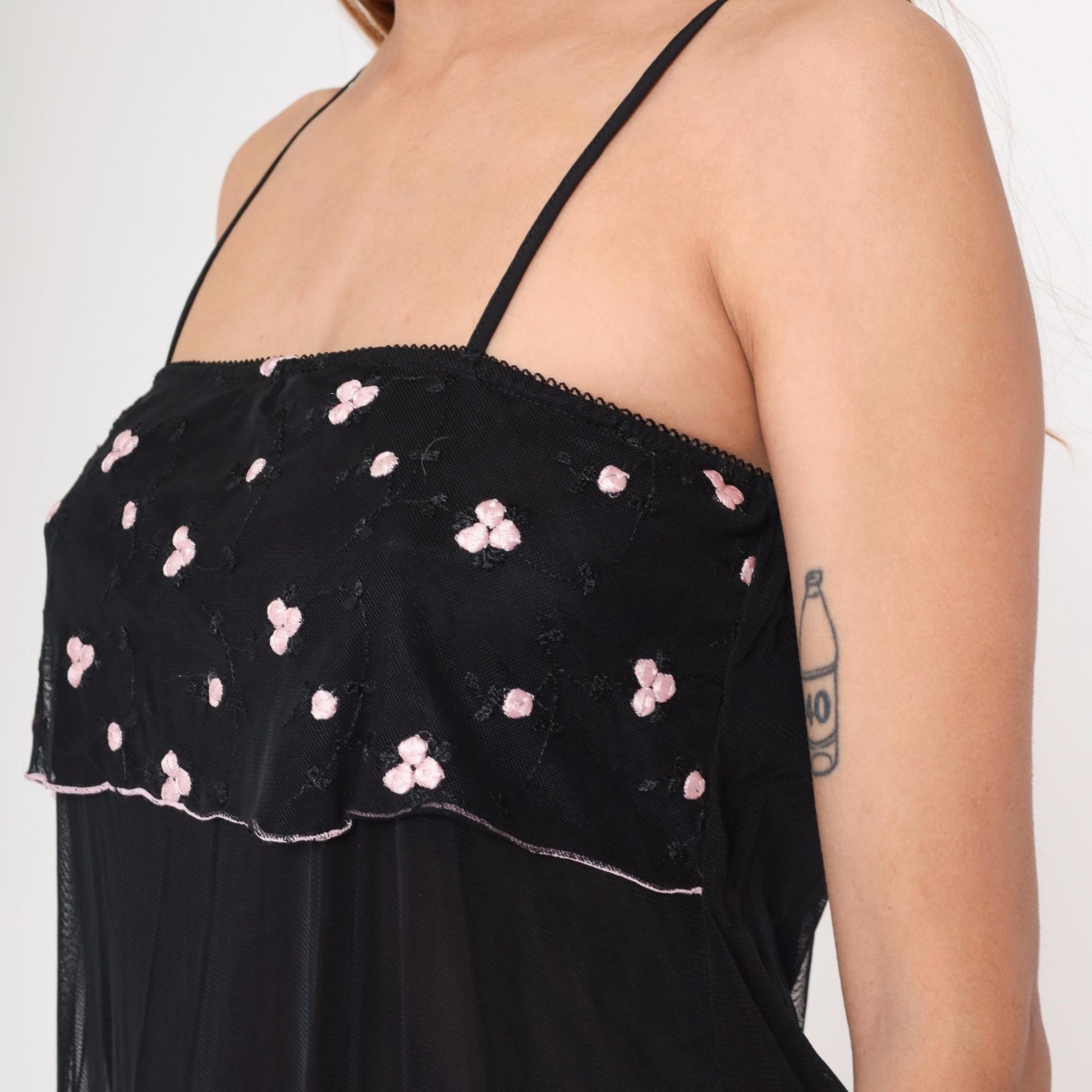 Y2K Black Mini Dress Pink Floral Embroidered Empire Waist Plus Size XXL