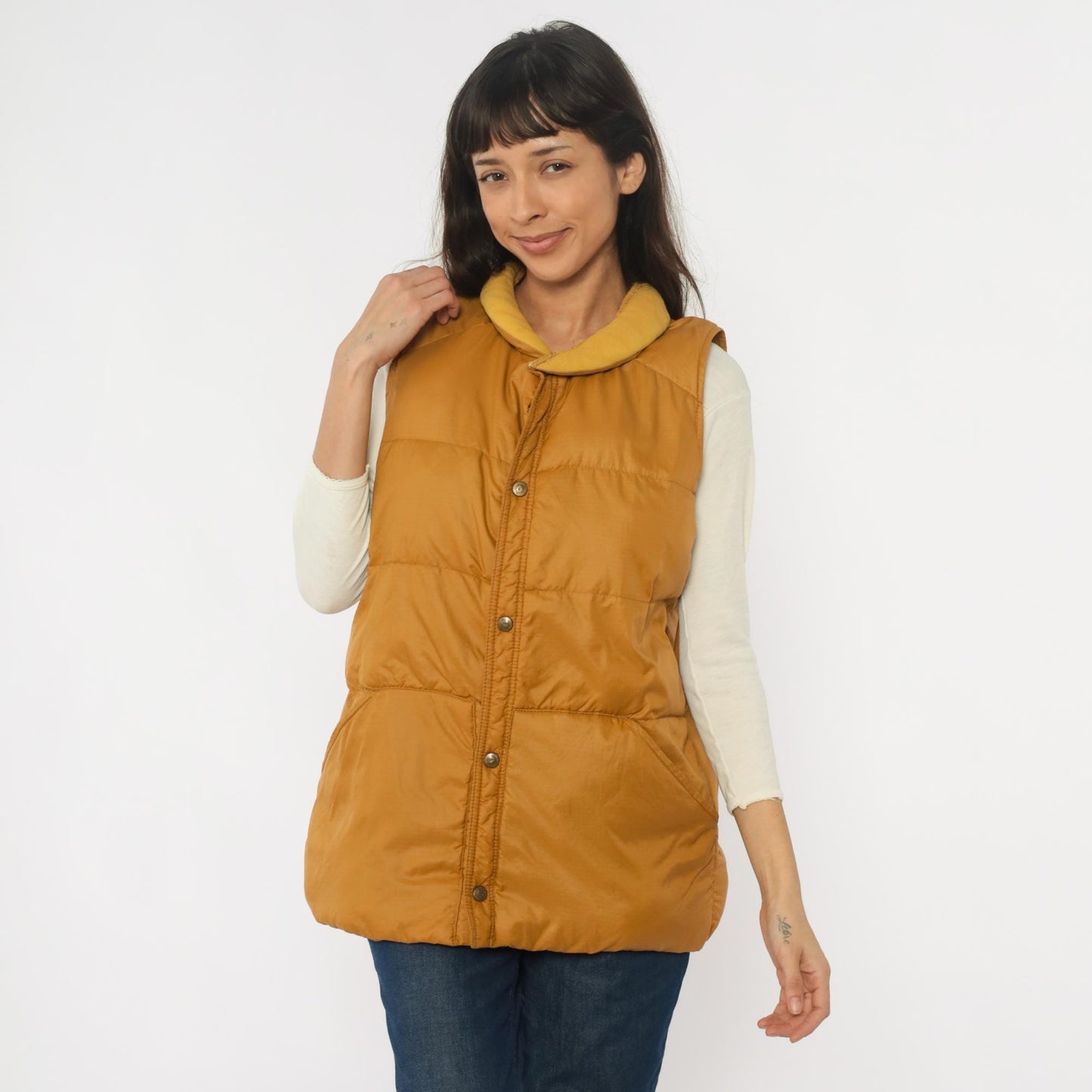80s Eddie Bauer Down Vest Mustard Yellow Quilted Snap Front Large L