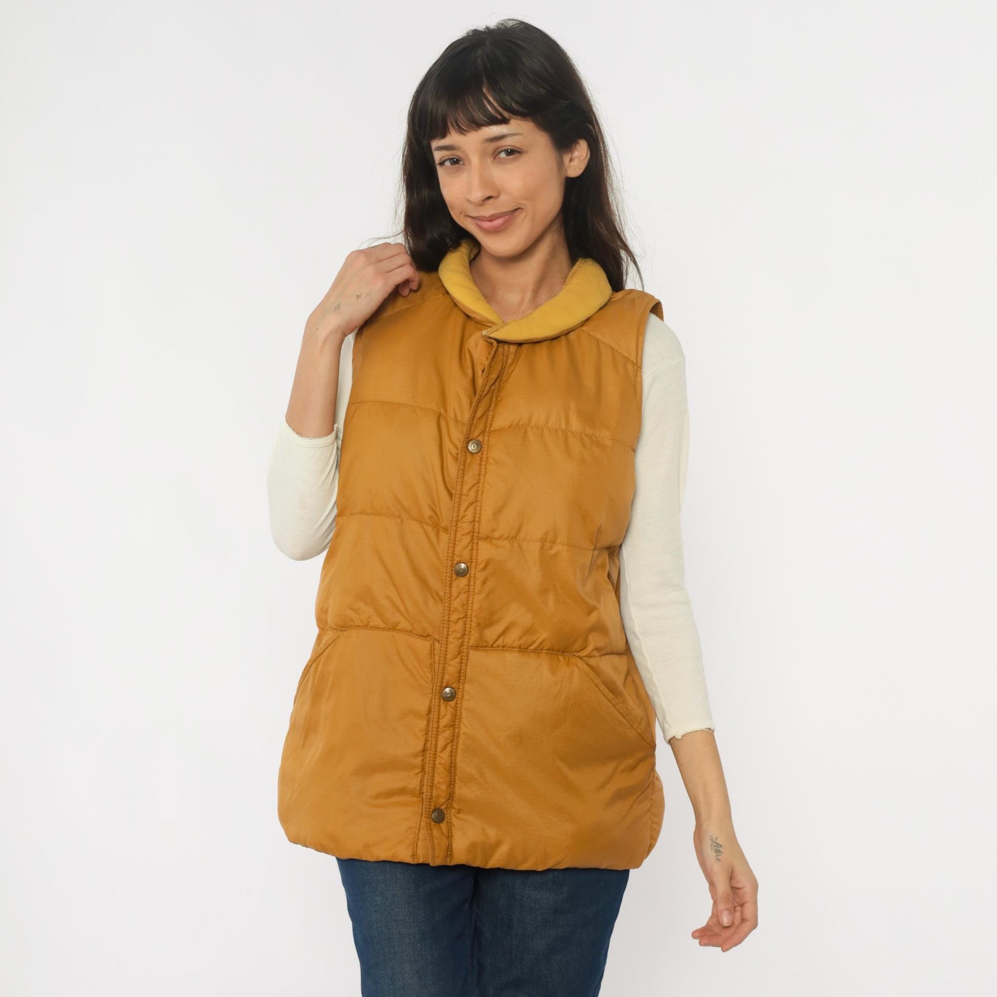 80s Eddie Bauer Down Vest Mustard Yellow Quilted Snap Front Large L