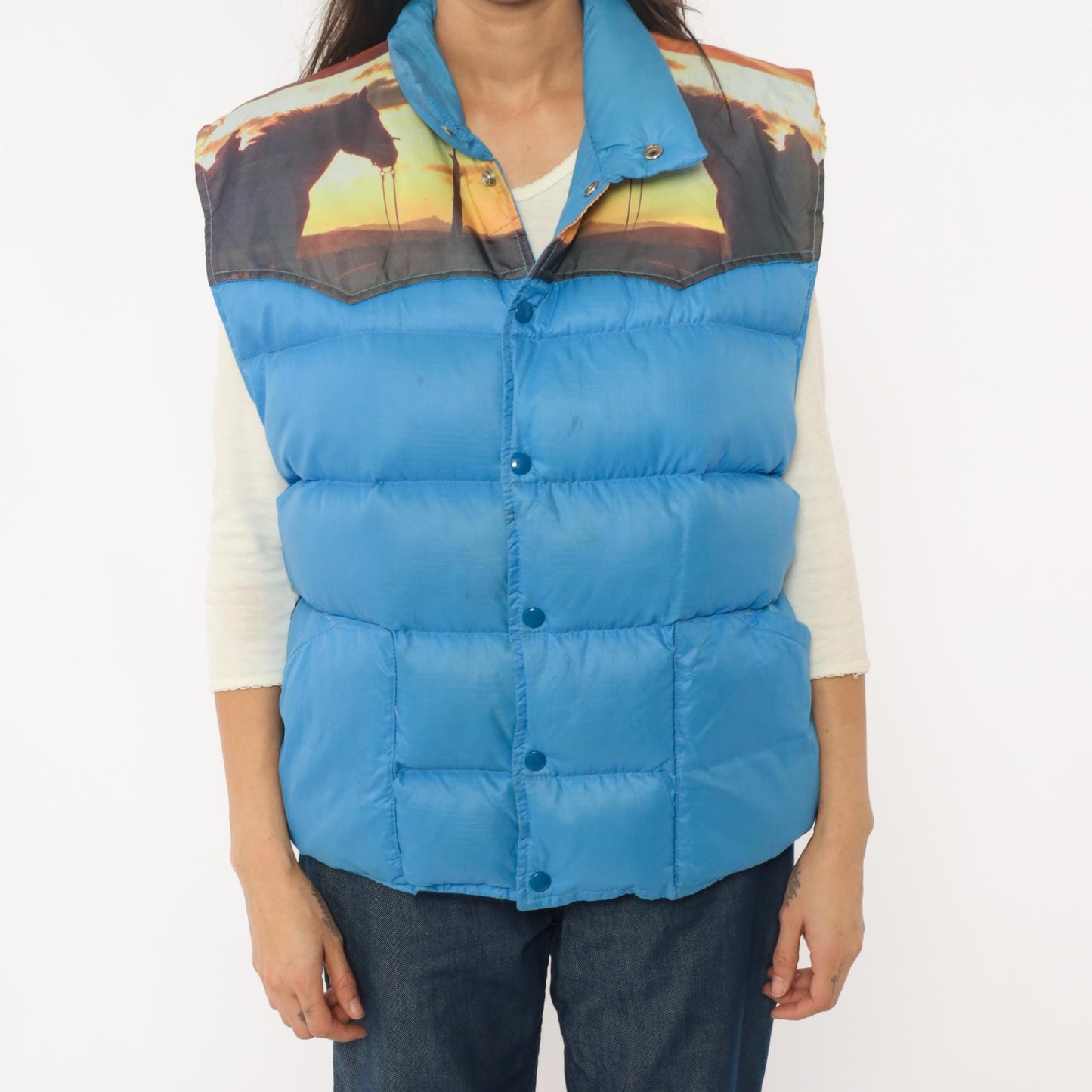 70s Western Sunset Puffer Vest Blue Down Quilted Snap Front Extra Large XL
