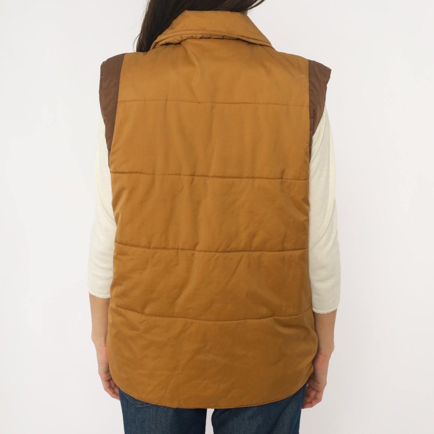 80s Mustard Brown Quilted Puffer Vest Nylon Zip Front Medium