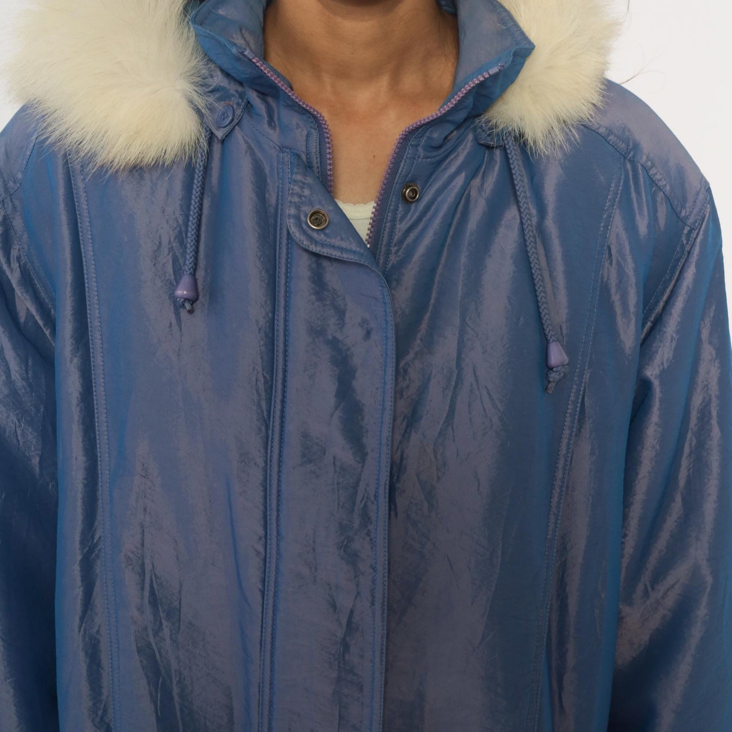 80s Periwinkle Iridescent Puffer Jacket Fur Trim Hood Windbreaker Large L