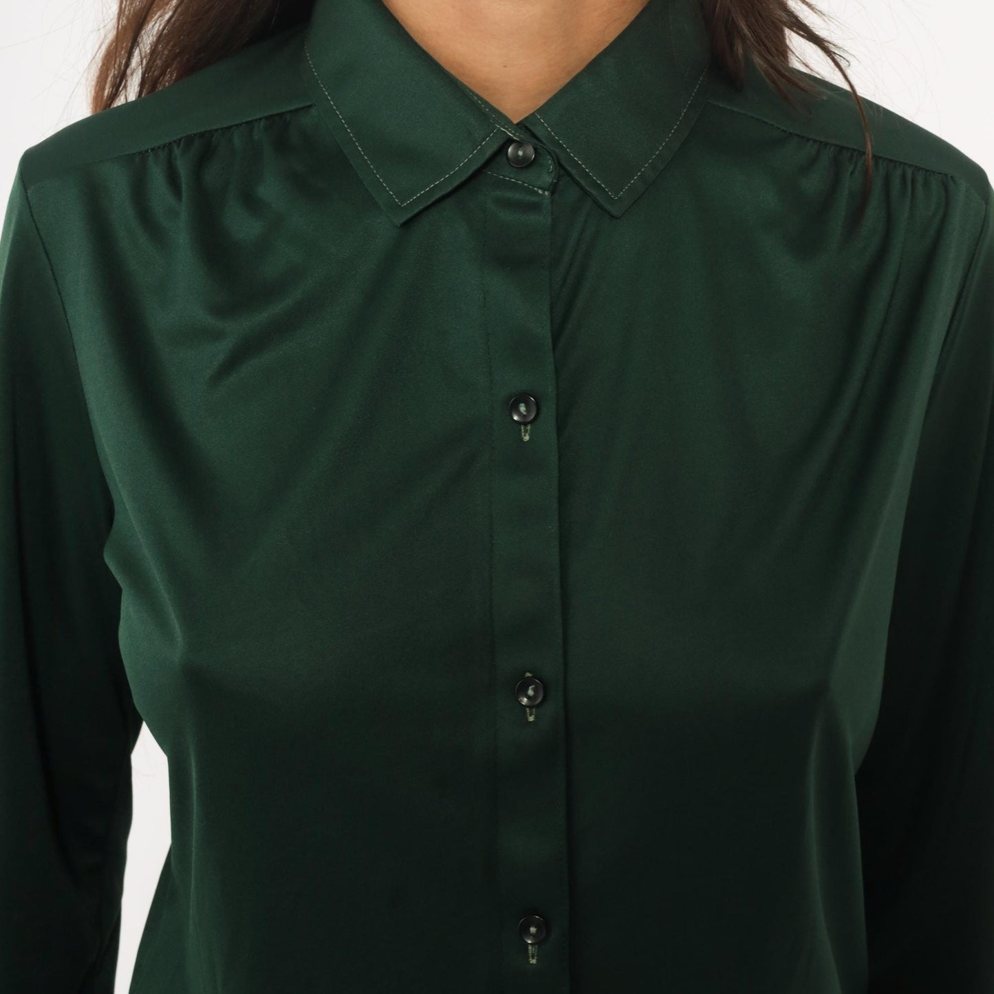 70s Forest Green Button-Front Blouse Long Sleeve Pointed Collar Medium M