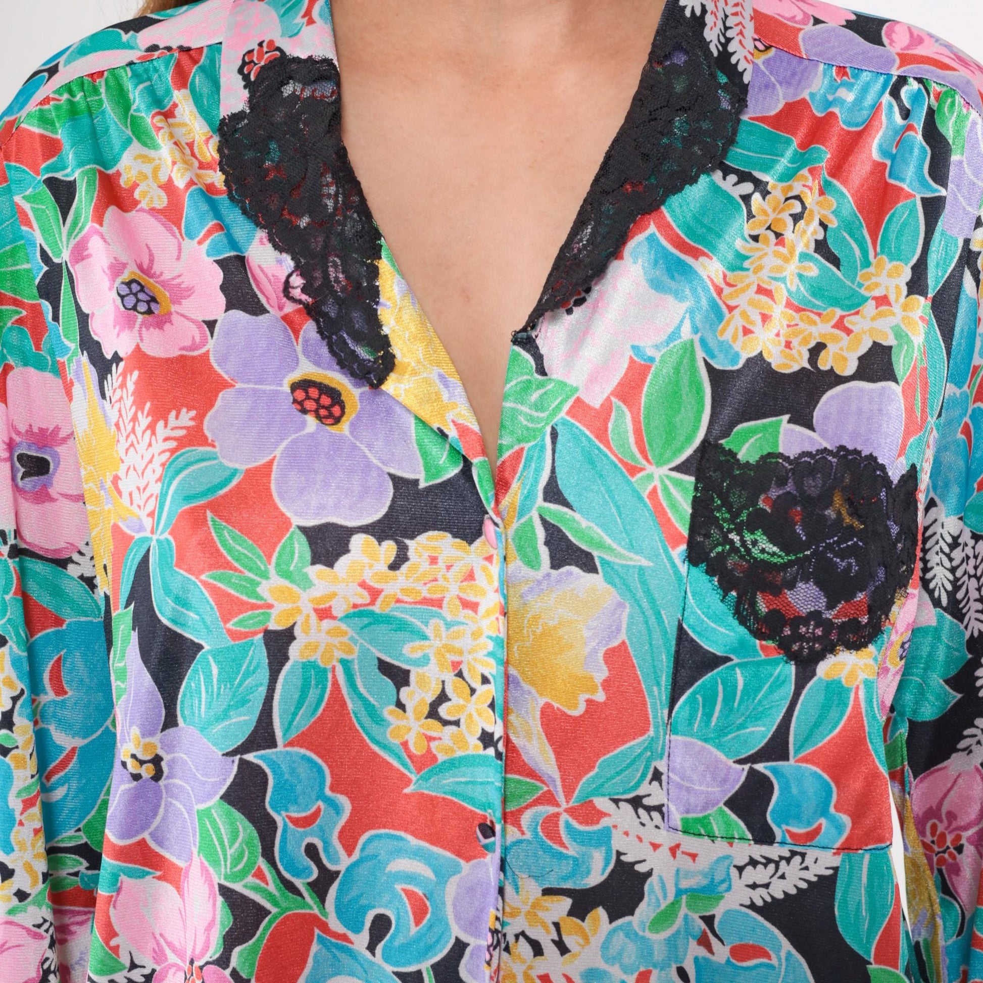 80s Vanity Fair Tropical Floral Button-Up Blouse Pink Purple Turquoise Medium