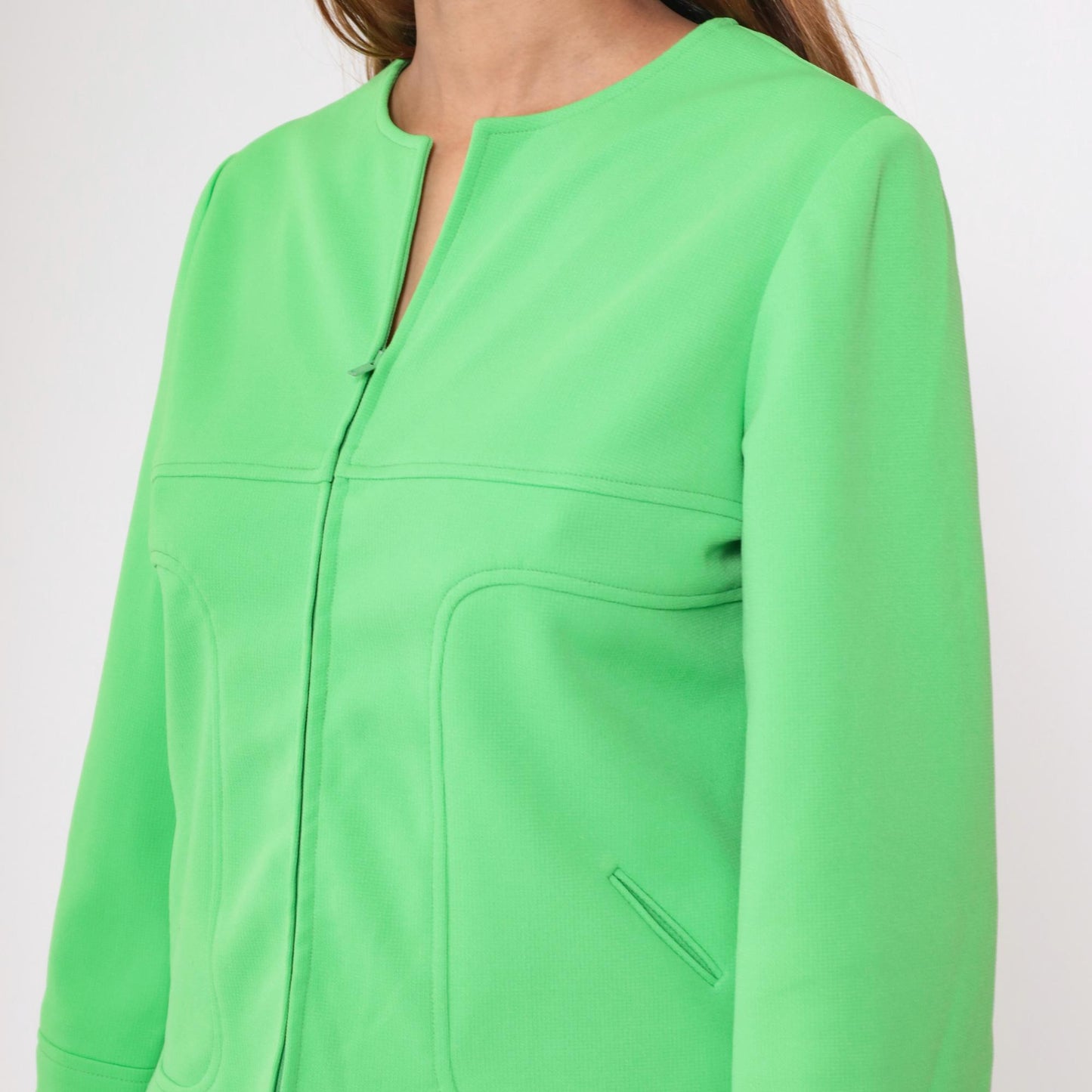 70s Lime Green Zip-Front Jacket Collarless Mod Blazer Medium M