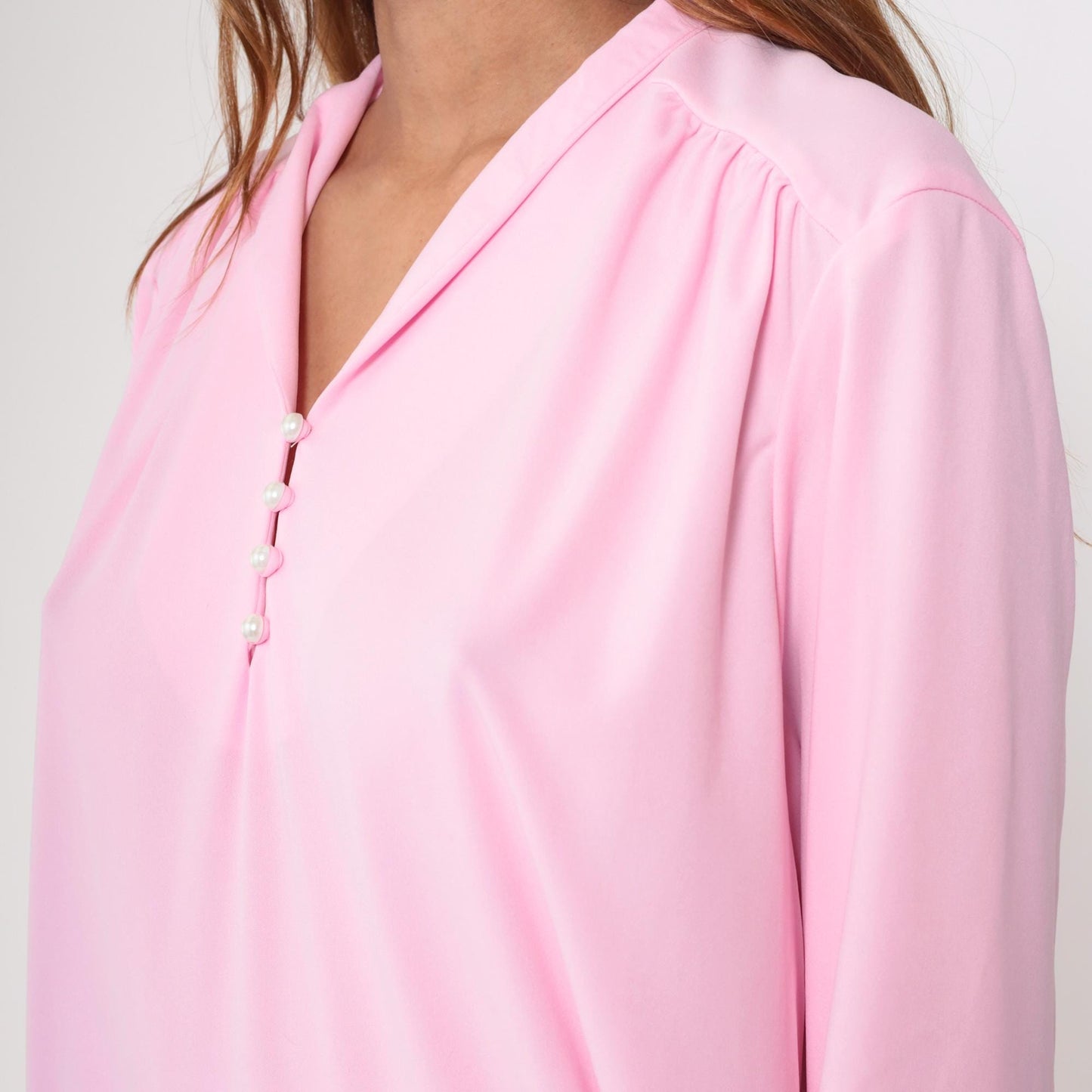70s Pink Pearl Button Collared Blouse Gathered Shoulders Extra Large