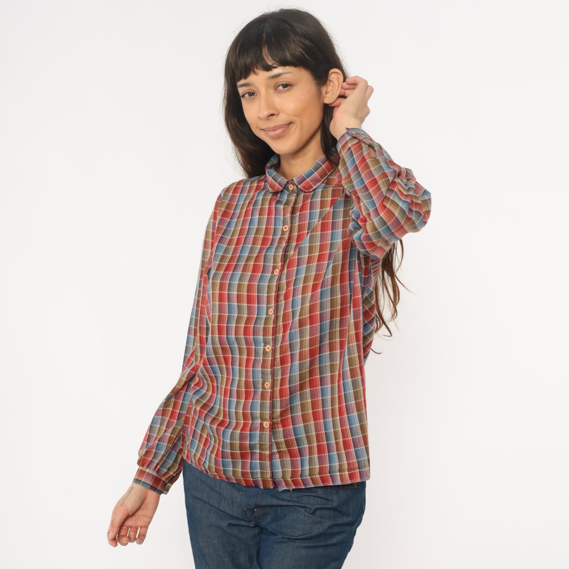 80s West Coast Connection Plaid Button Down Shirt Red Blue Small